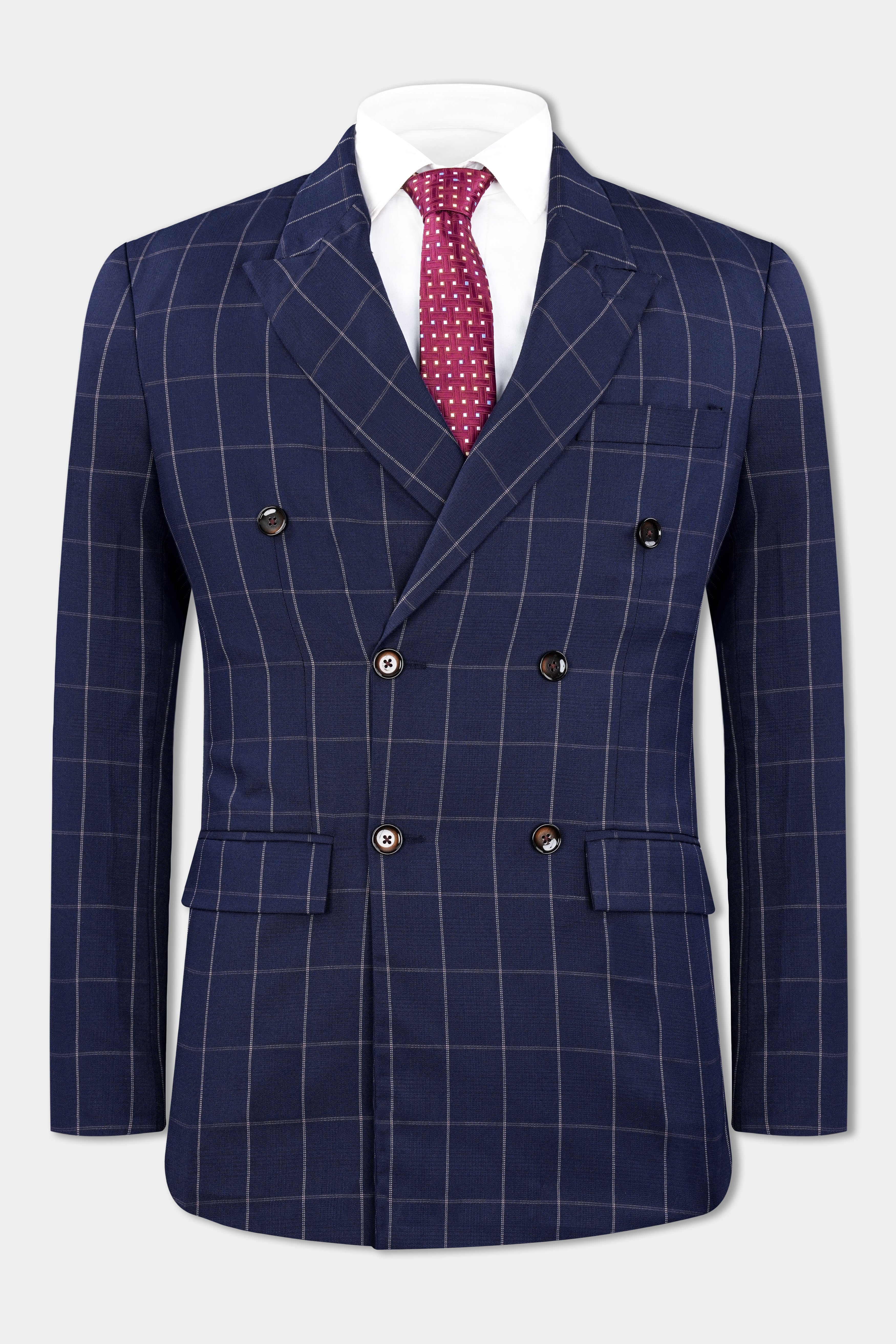 Admiral Blue Windowpane Wool Rich Double Breasted Suit - Image 10