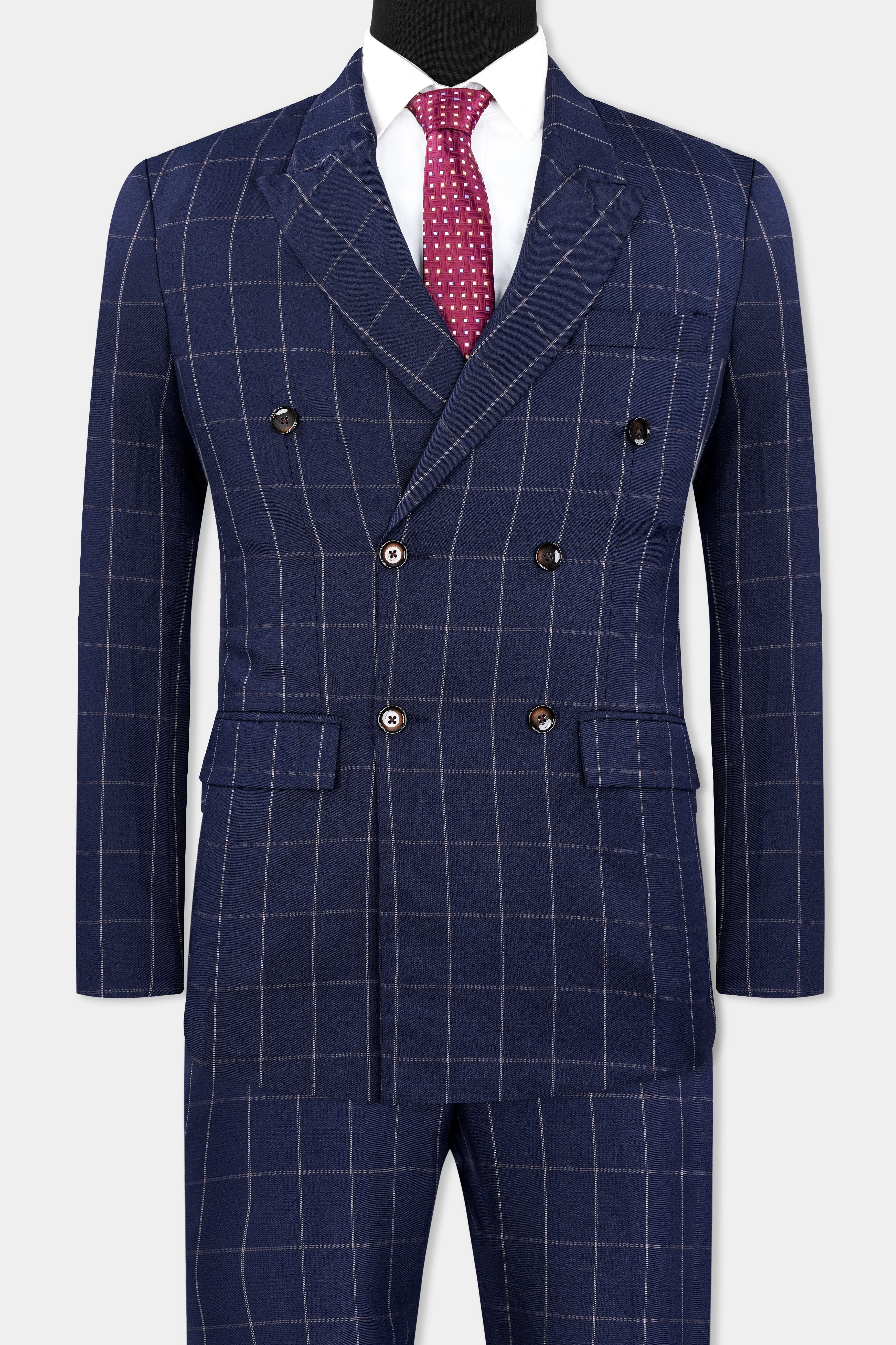 Admiral Blue Windowpane Wool Rich Double Breasted Suit - Image 4