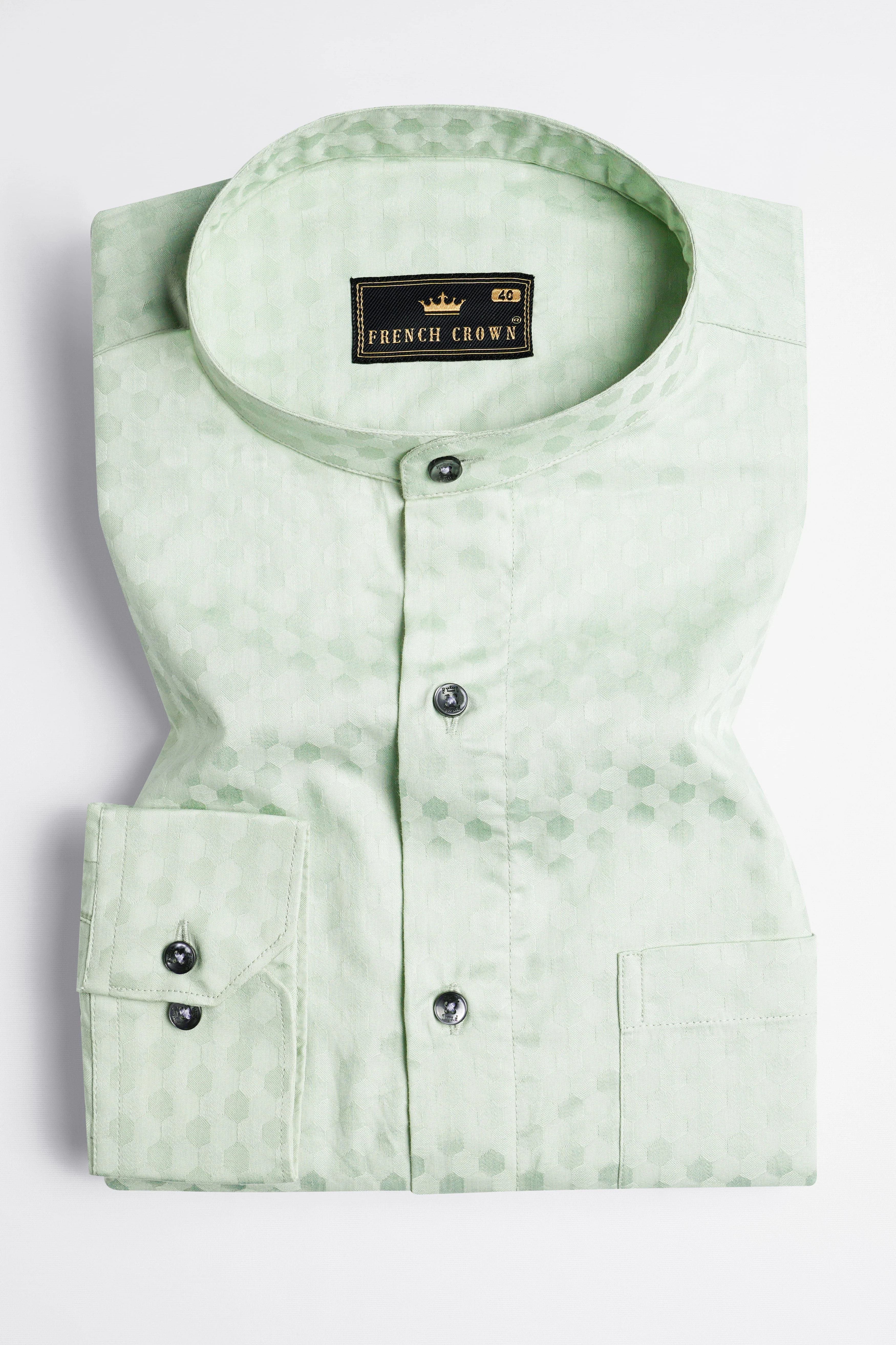 Albescent Green Hexagonal Jacquard Textured Premium Giza Cotton Shirt - Image 3