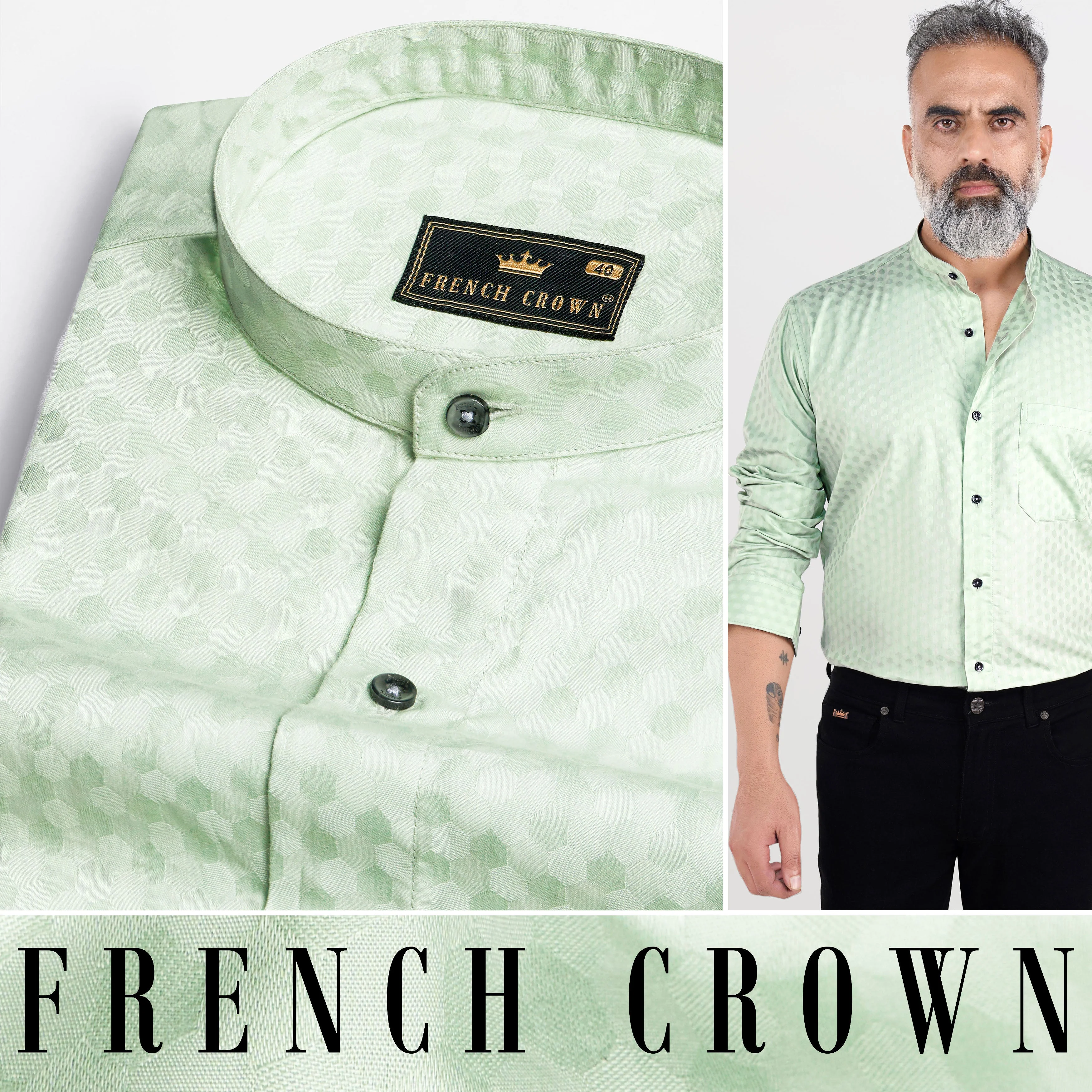 Albescent Green Hexagonal Jacquard Textured Premium Giza Cotton Shirt - Image 4