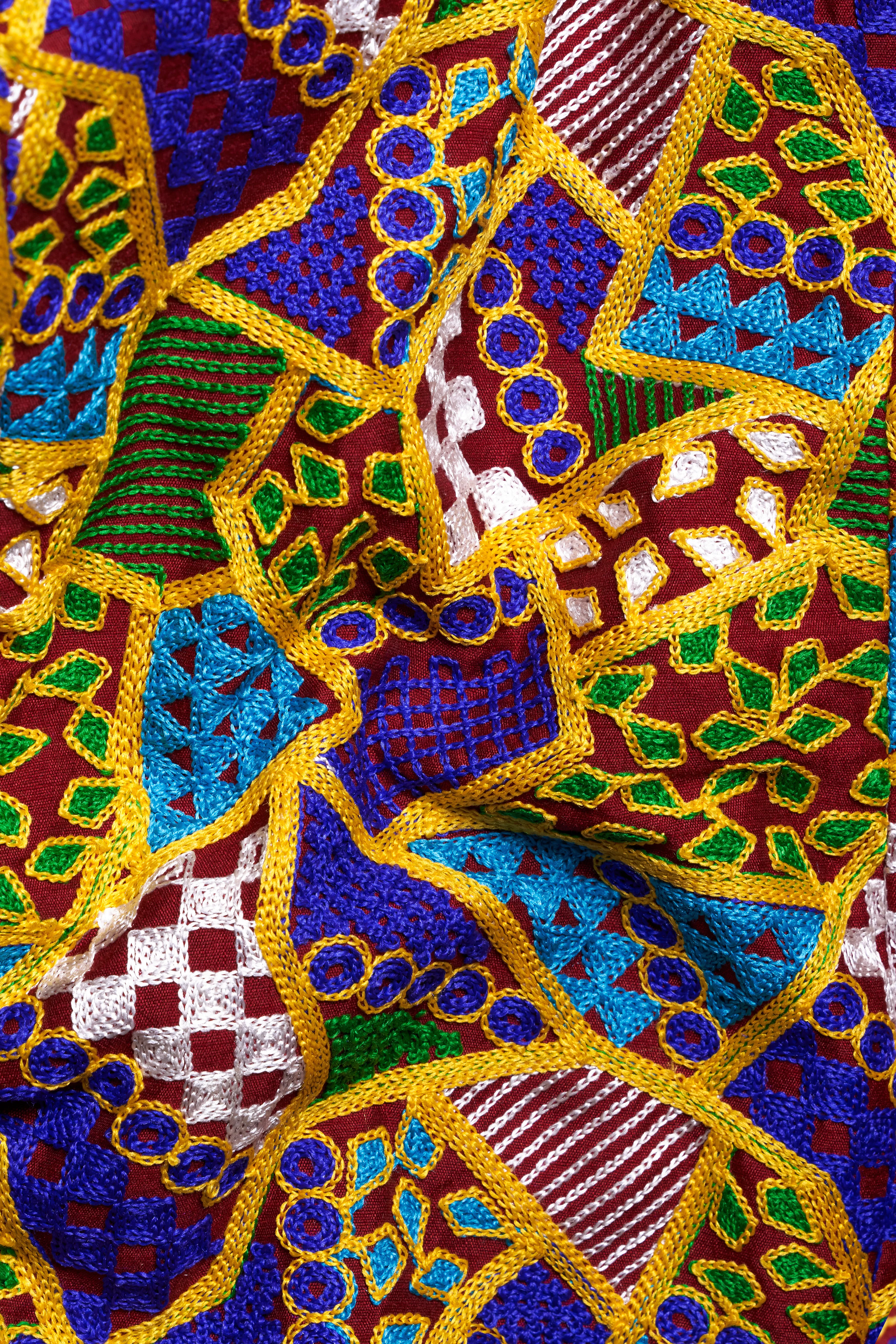 Amber Yellow with Cobalt Blue Multicolour Cotton Thread Embroidered Bandhgala Designer Blazer - Image 3