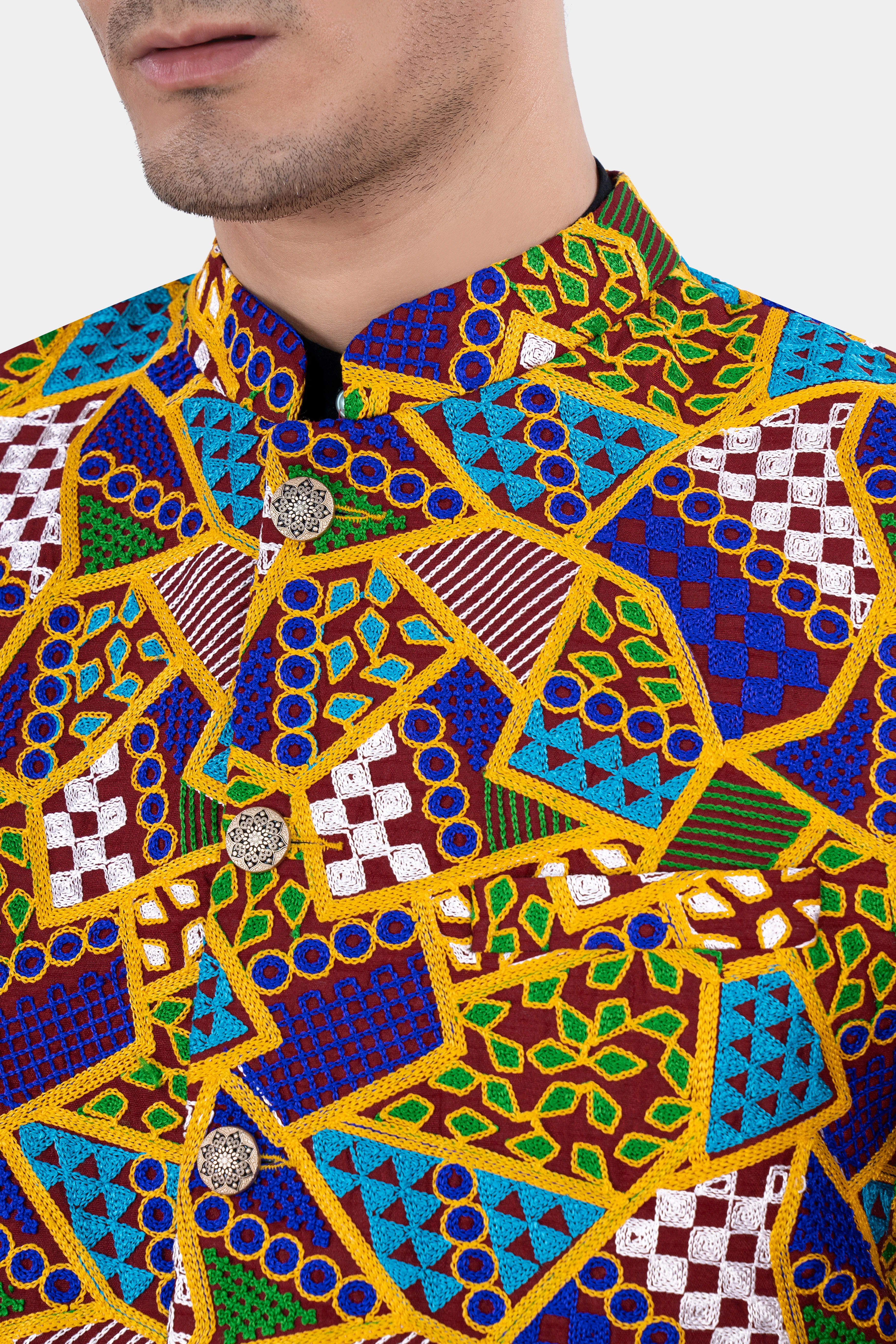 Amber Yellow with Cobalt Blue Multicolour Cotton Thread Embroidered Bandhgala Designer Blazer - Image 4