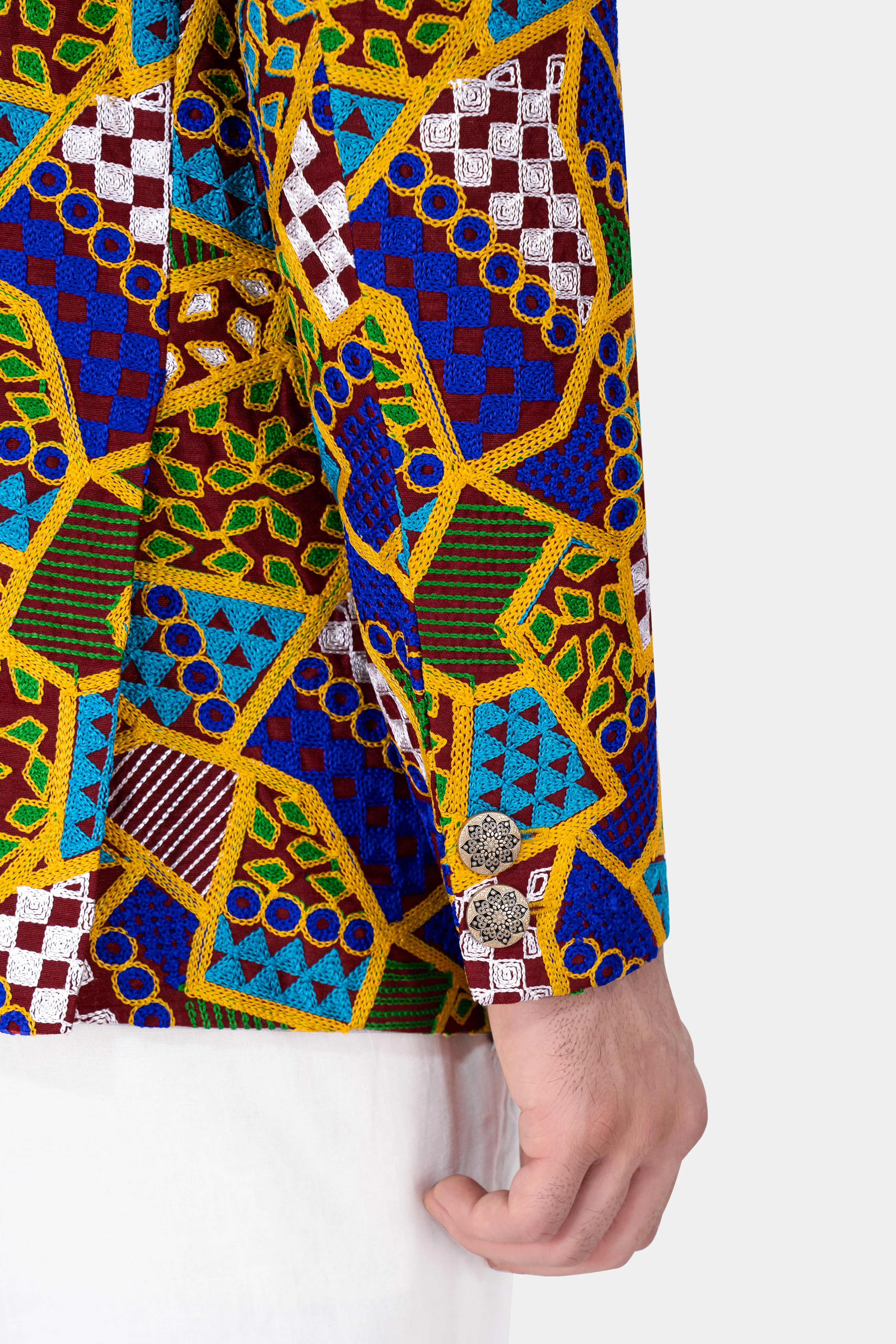 Amber Yellow with Cobalt Blue Multicolour Cotton Thread Embroidered Bandhgala Designer Blazer - Image 5