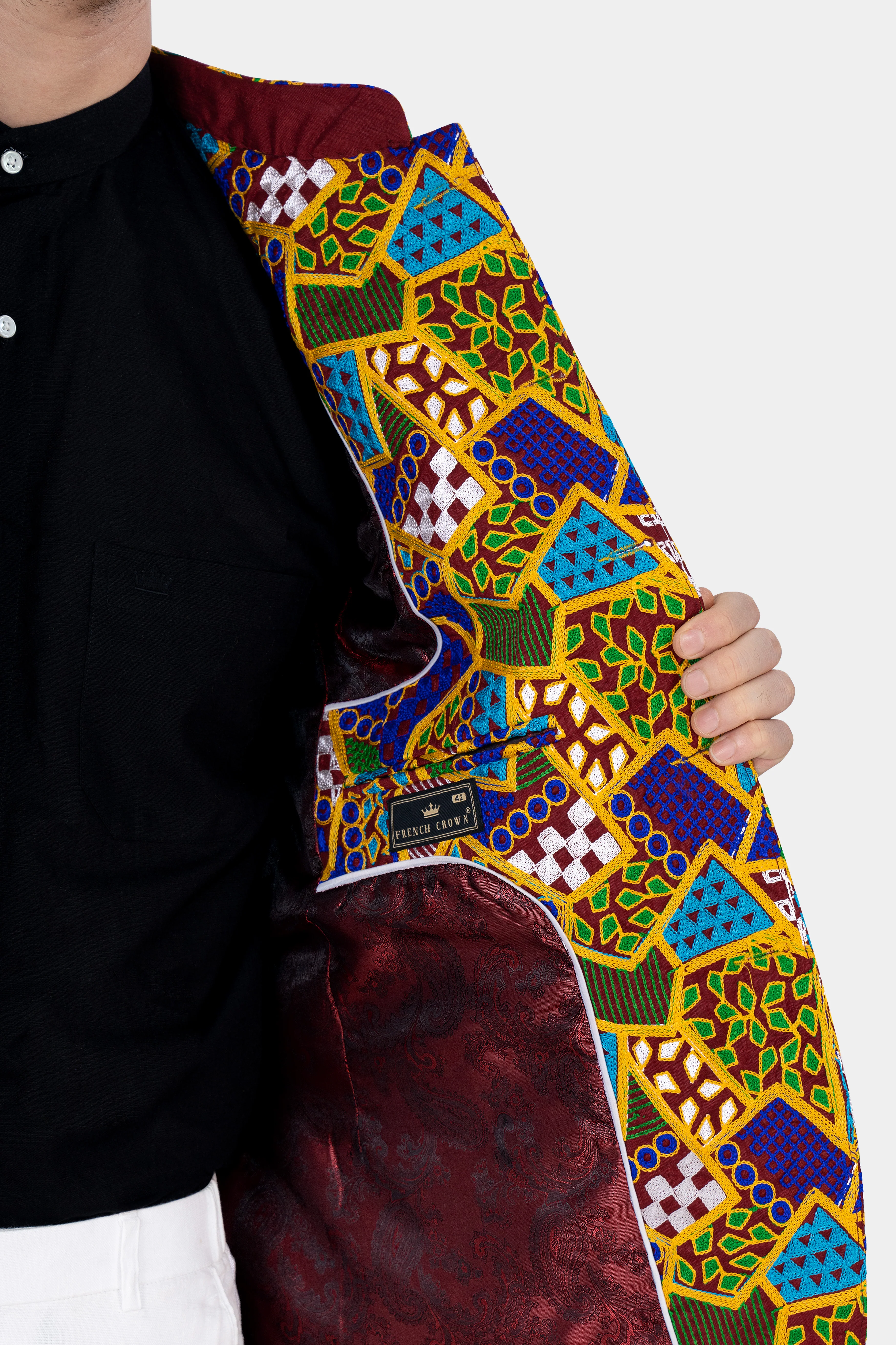 Amber Yellow with Cobalt Blue Multicolour Cotton Thread Embroidered Bandhgala Designer Blazer - Image 6