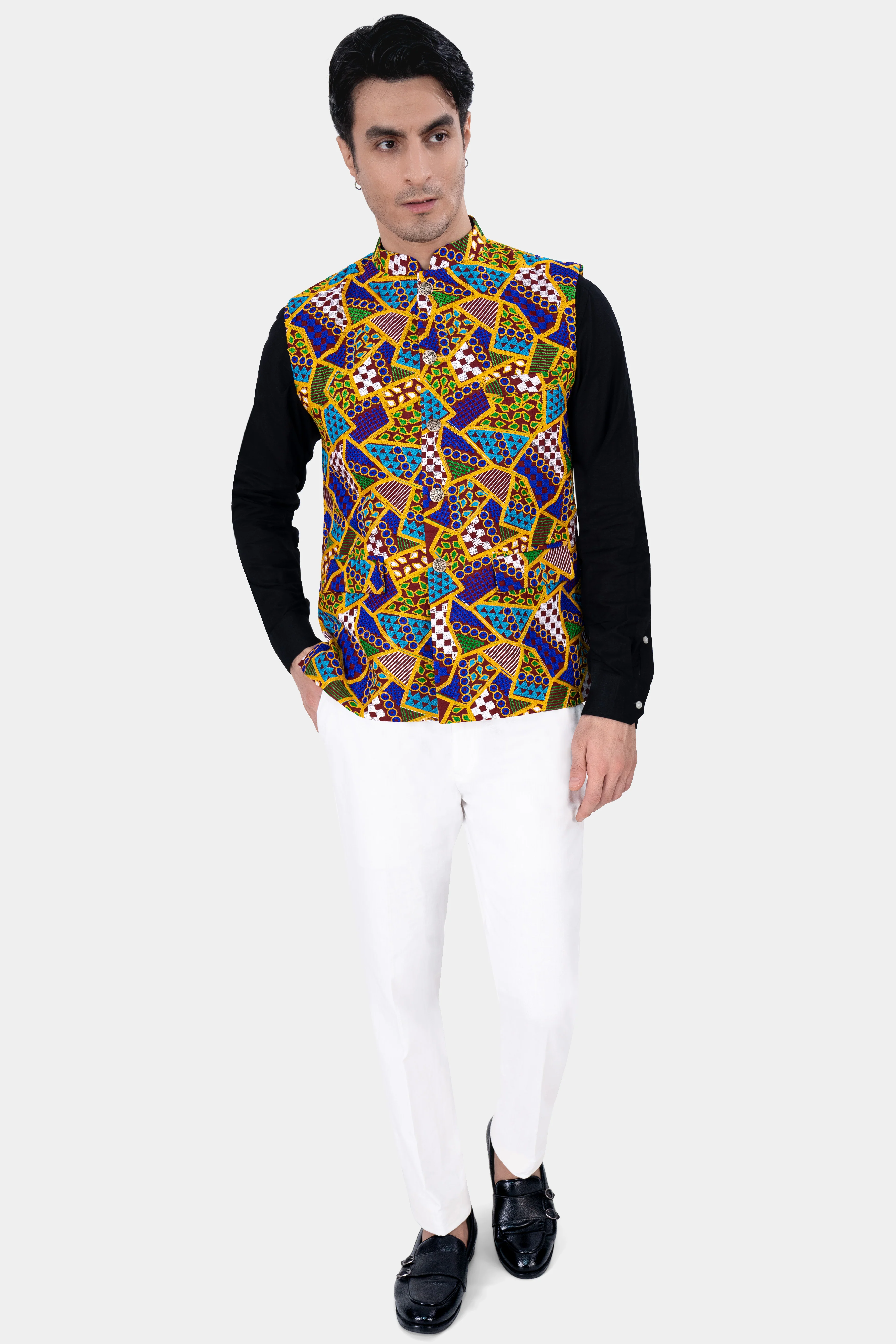 Amber Yellow with Cobalt Blue Multicolour Cotton Thread Embroidered Nehru Jacket - Image 5