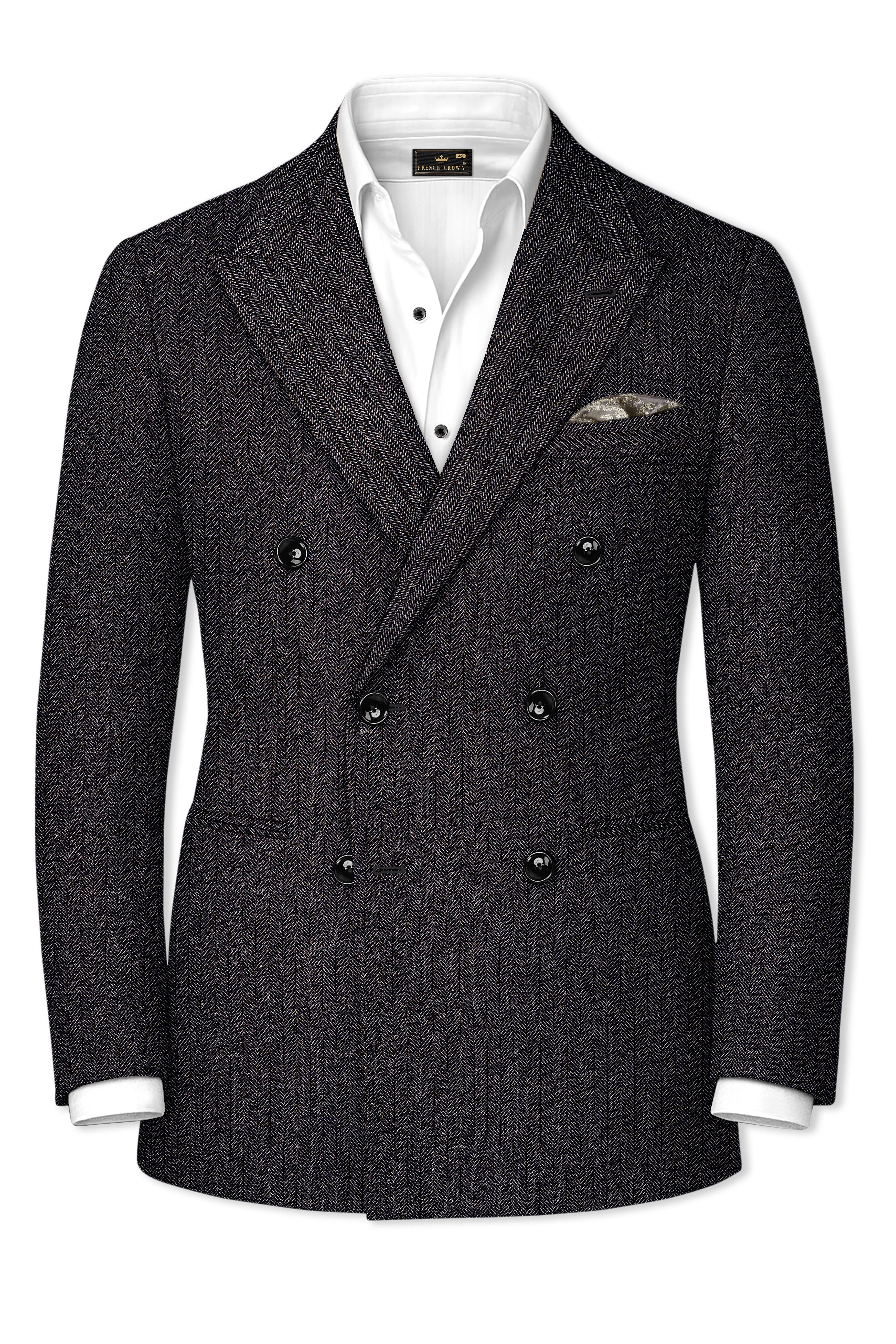 Aurezion-Zeus Brown Herringbone Textured Tweed Double Breasted Suit - Image 10