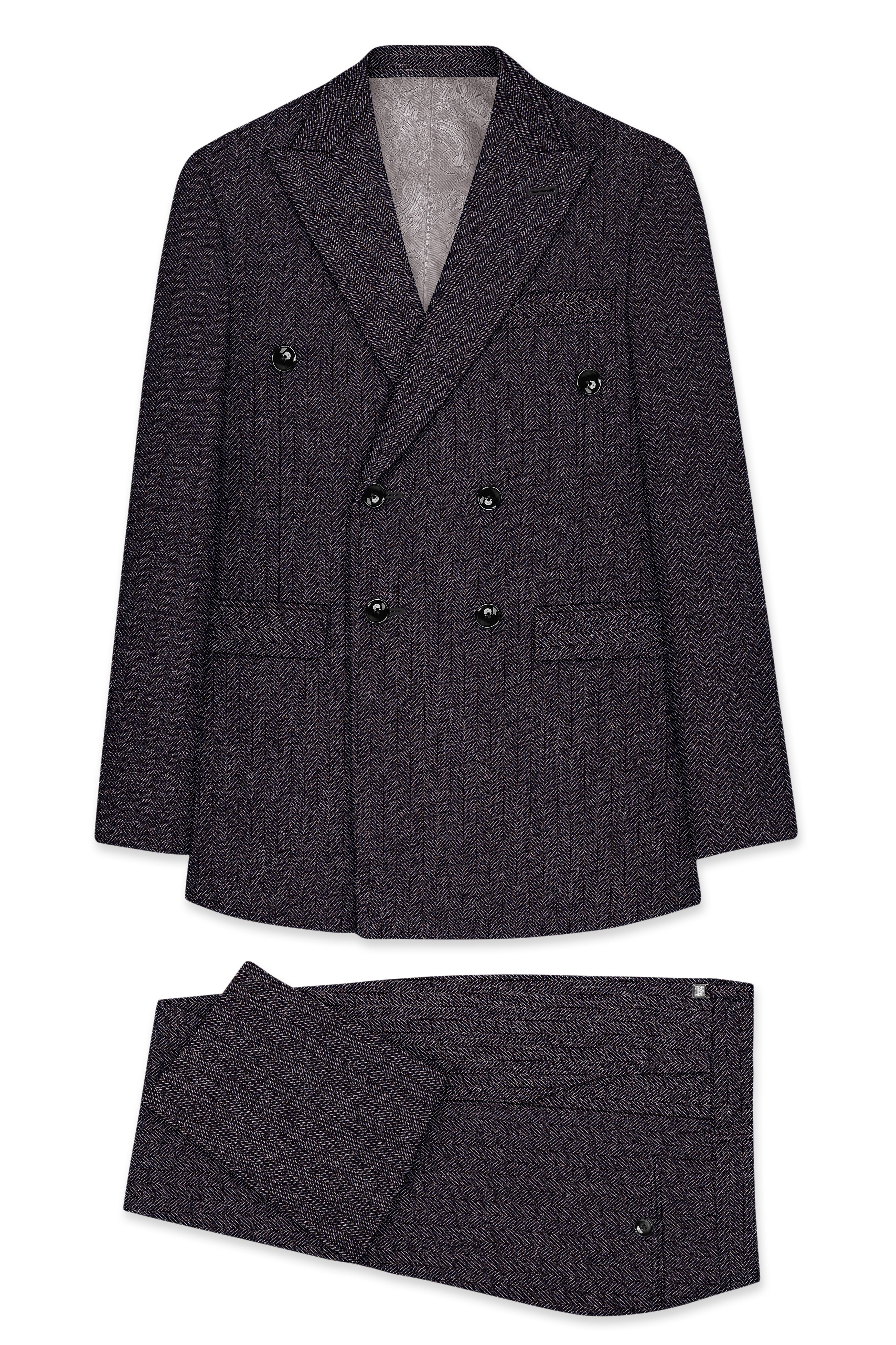 Aurezion-Zeus Brown Herringbone Textured Tweed Double Breasted Suit - Image 11