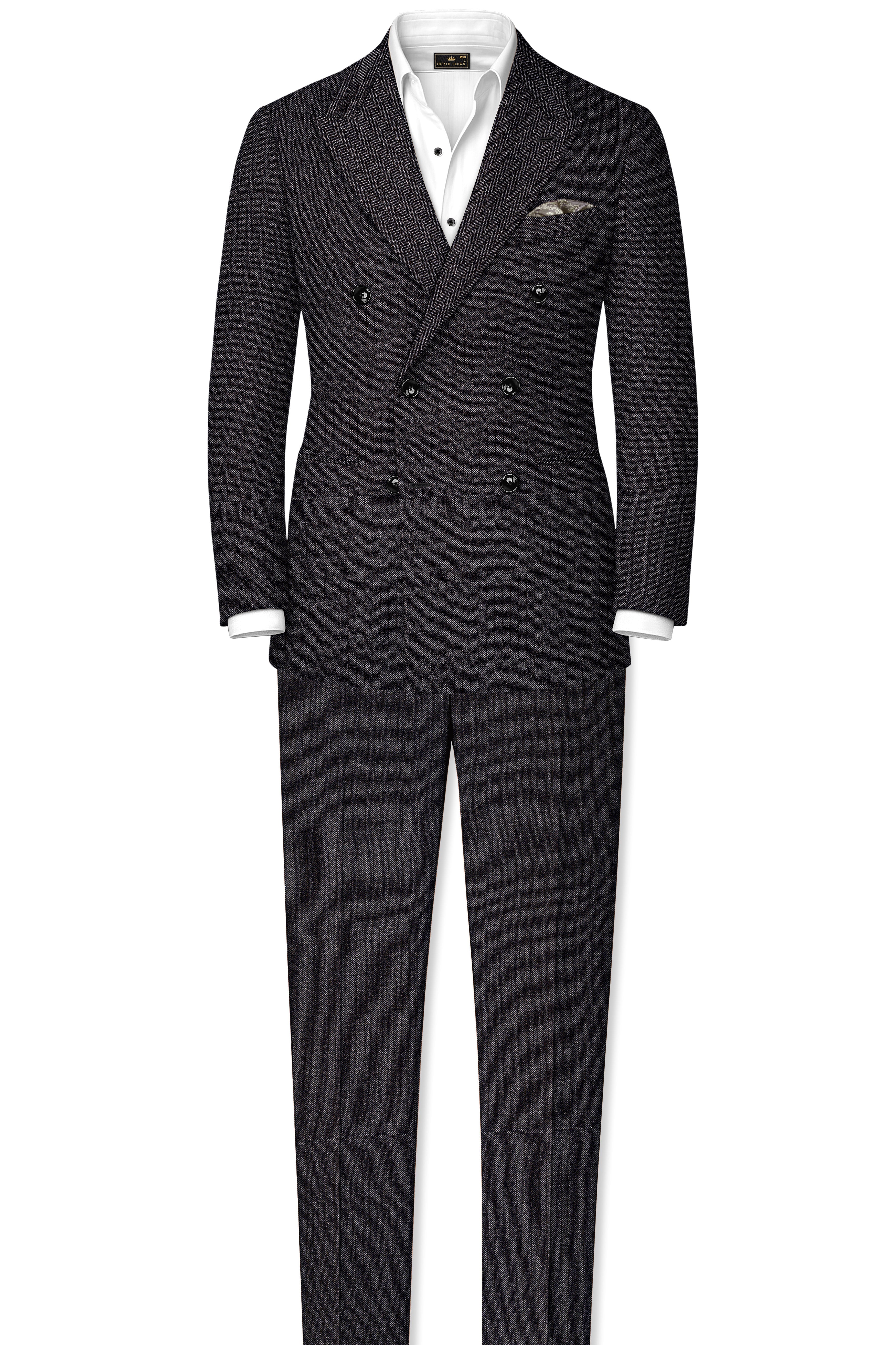 Aurezion-Zeus Brown Herringbone Textured Tweed Double Breasted Suit - Image 4