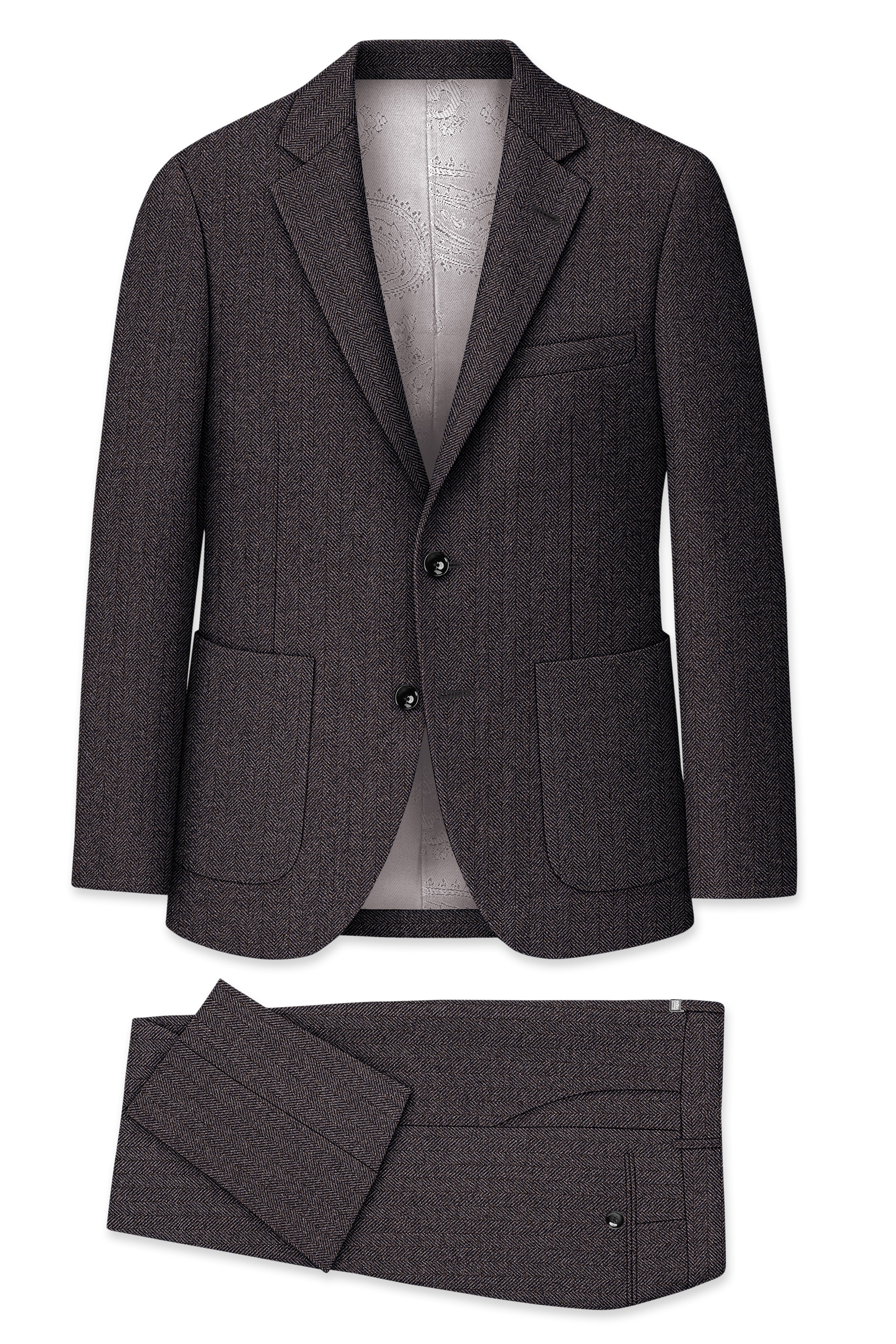 Aurezion-Zeus Brown Herringbone Textured Tweed Single Breasted Sports Suit - Image 11