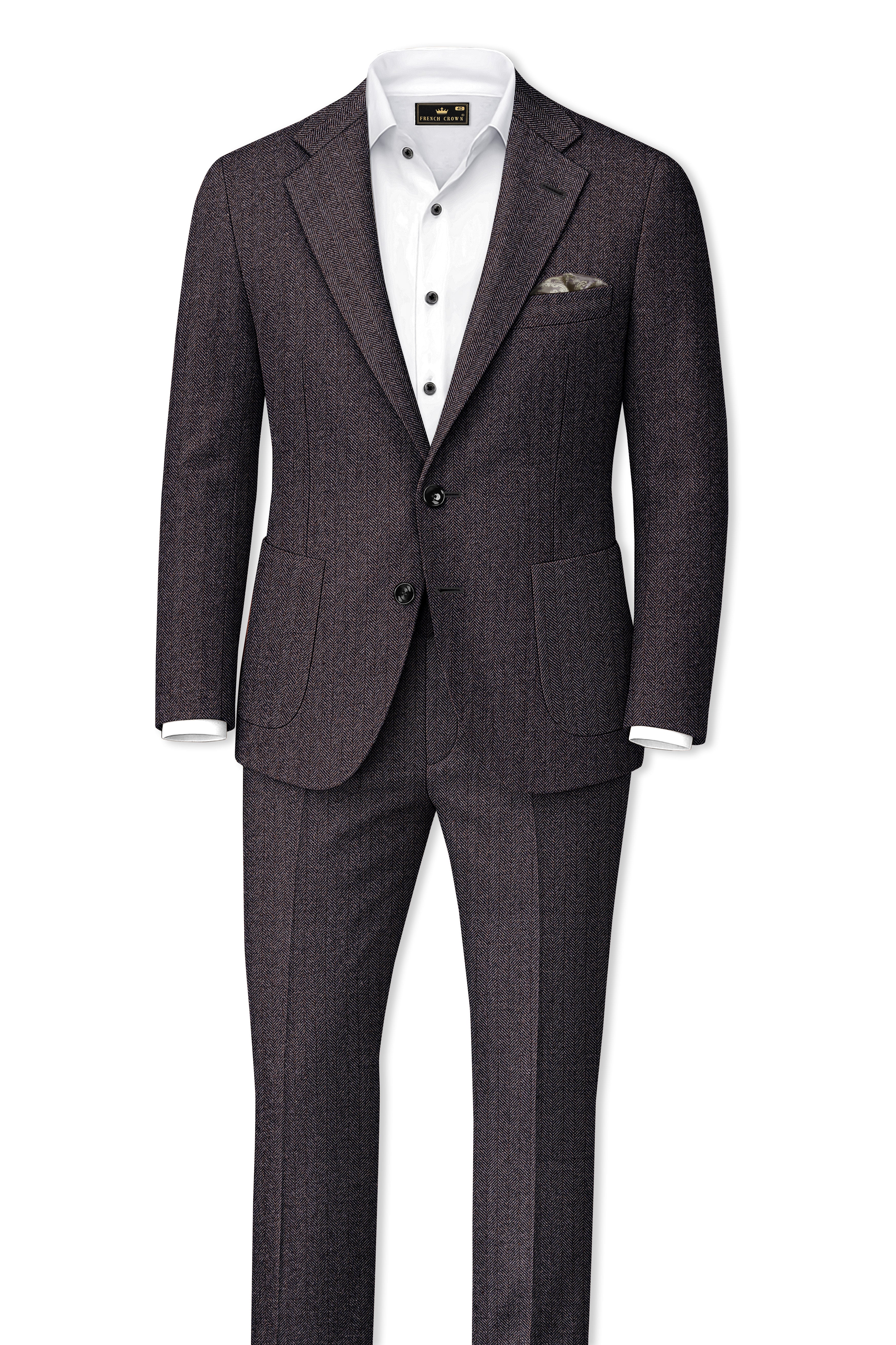 Aurezion-Zeus Brown Herringbone Textured Tweed Single Breasted Sports Suit - Image 4