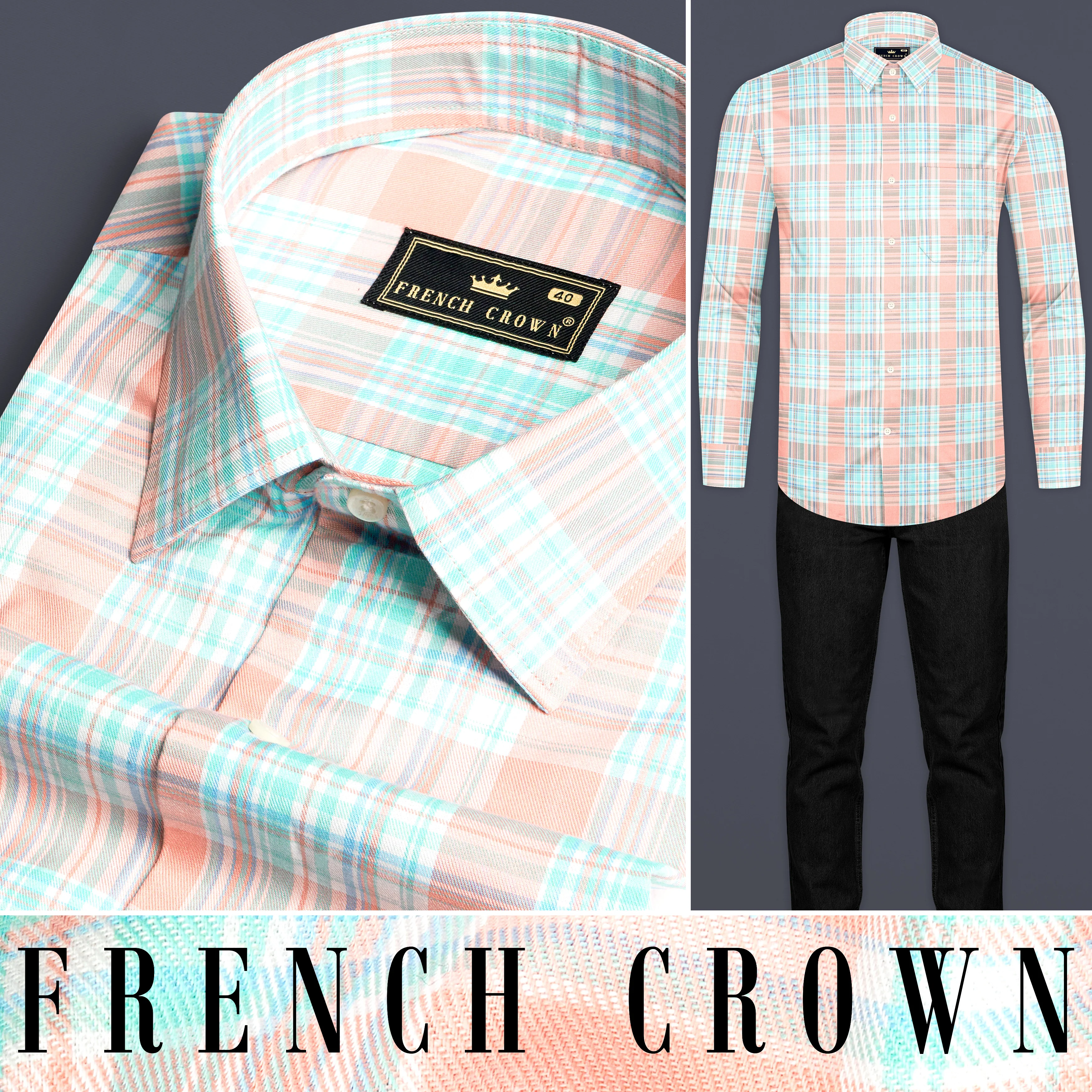 Beauty Pink and Moonstone Blue Twill Checkered Premium Cotton Shirt - Image 8