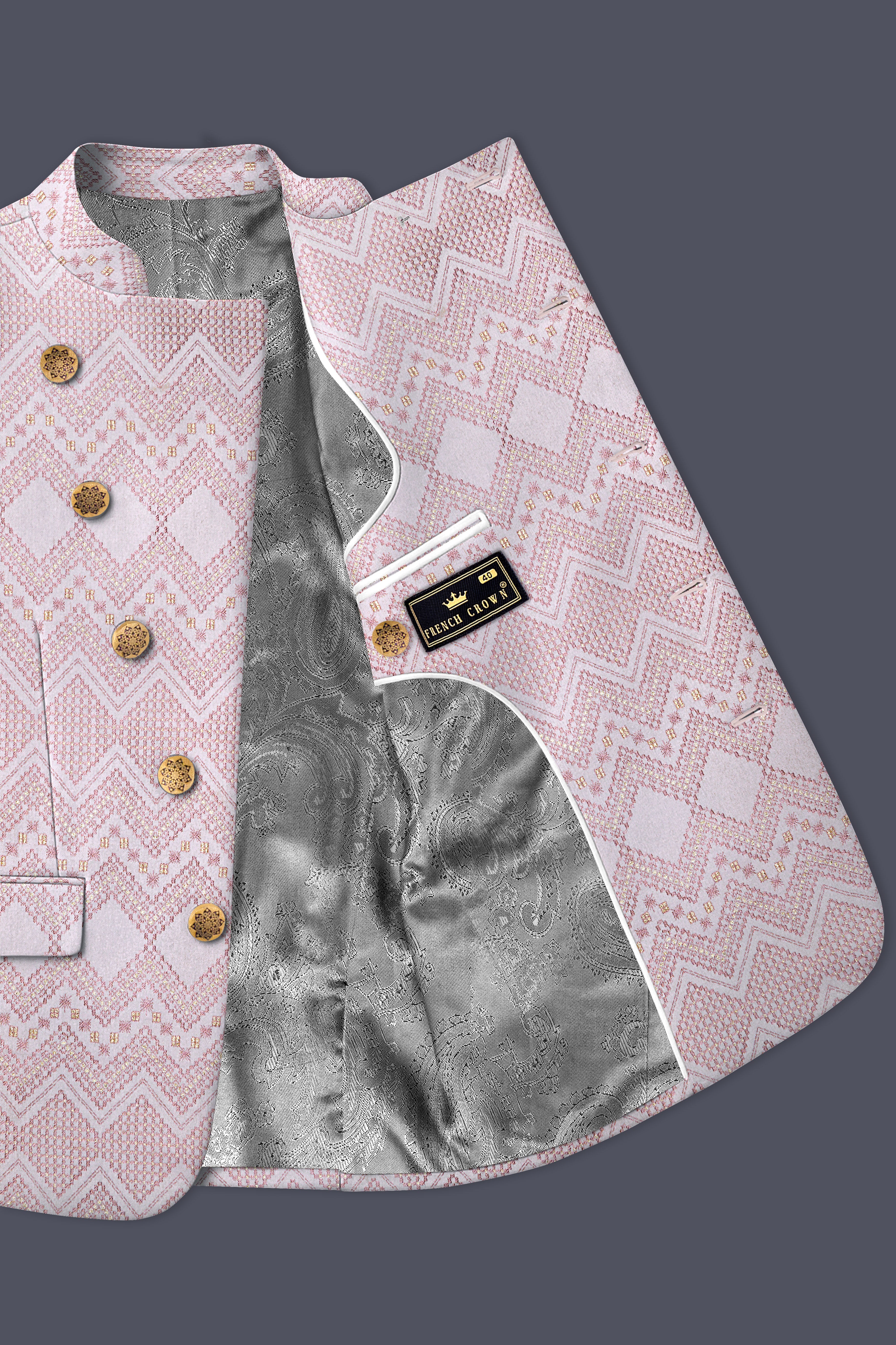 Blossom Pink Thread and Chevron Sequin Embroidered Cross Placket Bandhgala Jodhpuri - Image 4