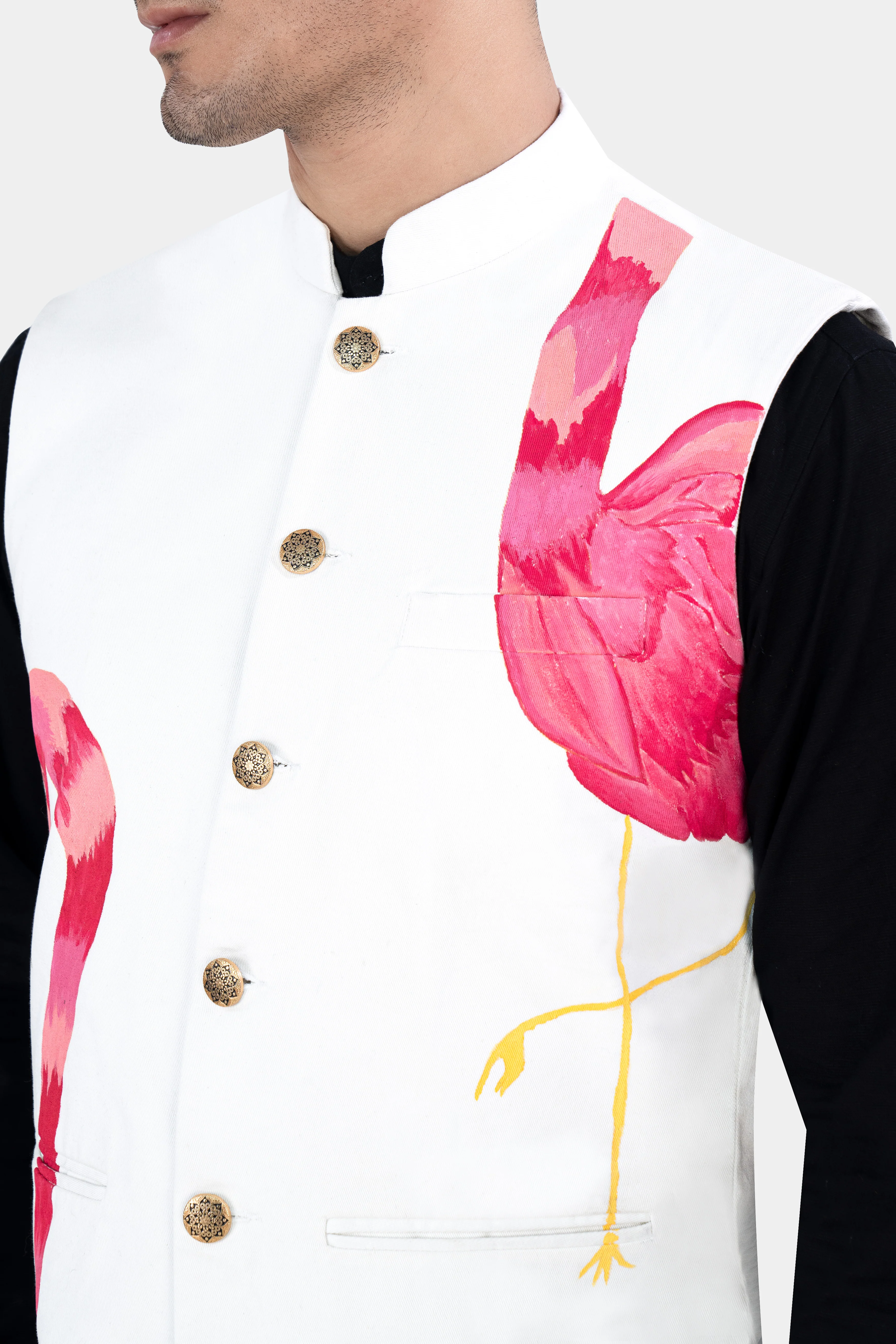 Bright White Swan Hand Painted Premium Cotton Designer Nehru Jacket - Image 4