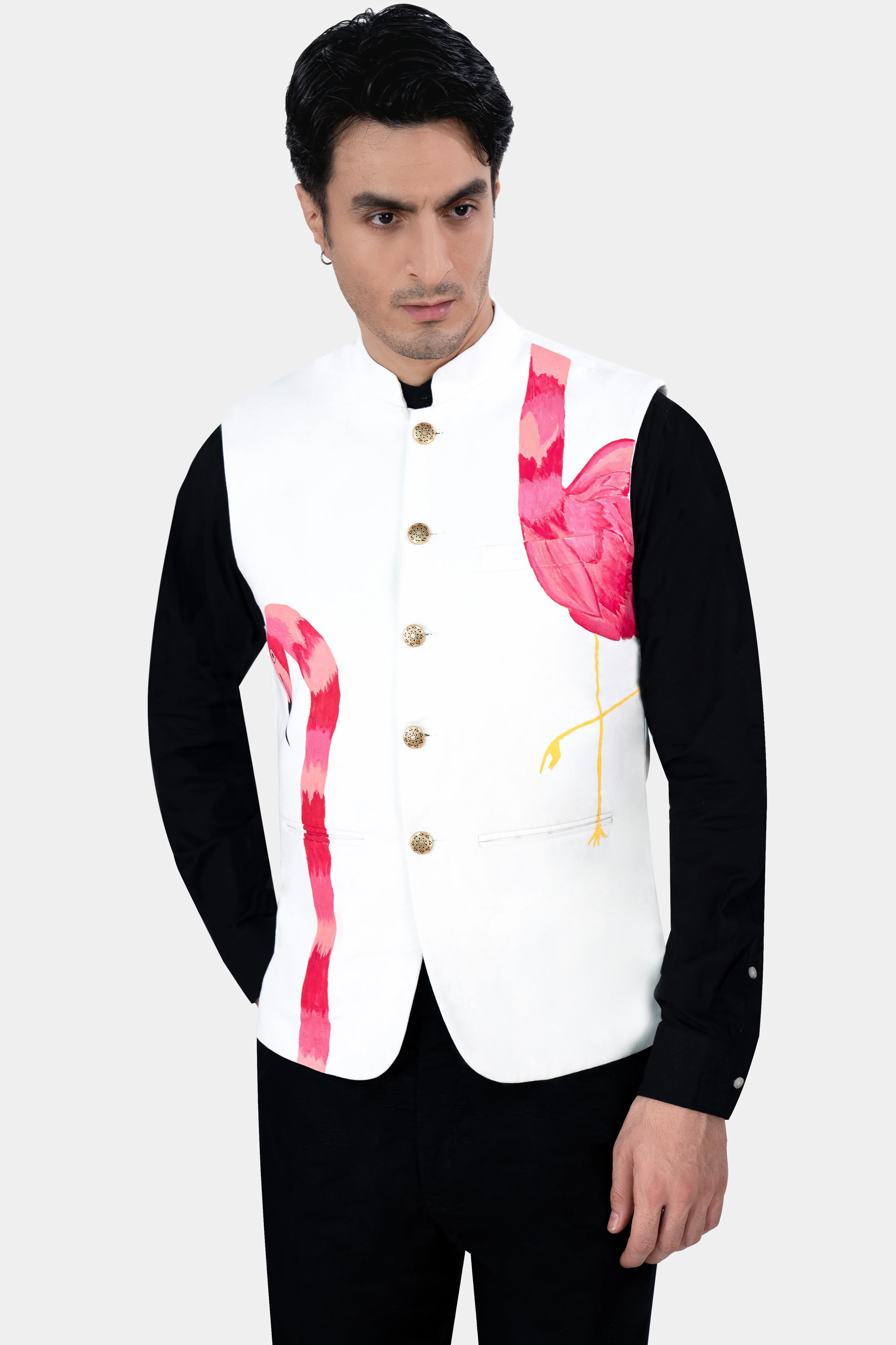 Bright White Swan Hand Painted Premium Cotton Designer Nehru Jacket - Image 5