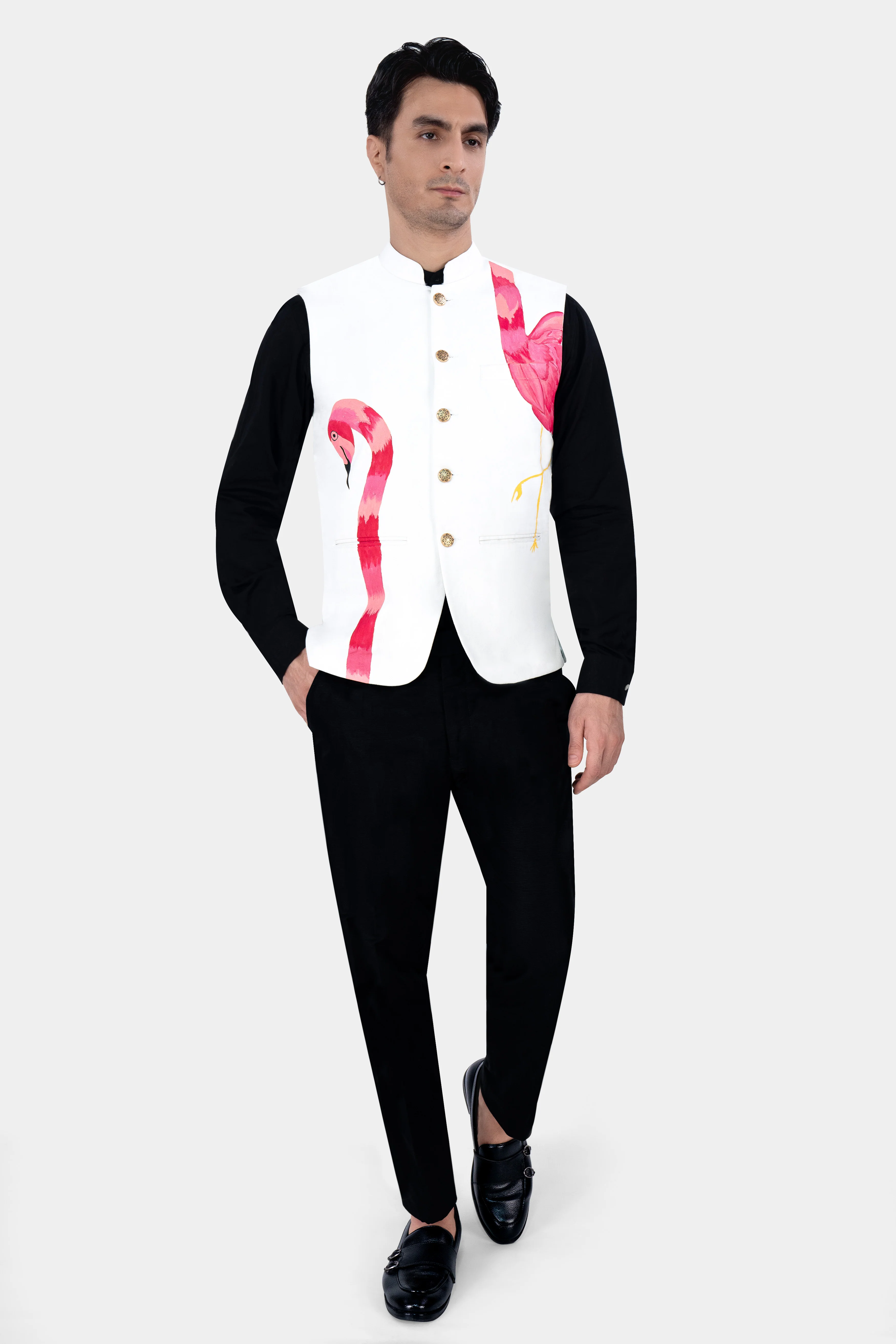 Bright White Swan Hand Painted Premium Cotton Designer Nehru Jacket - Image 7