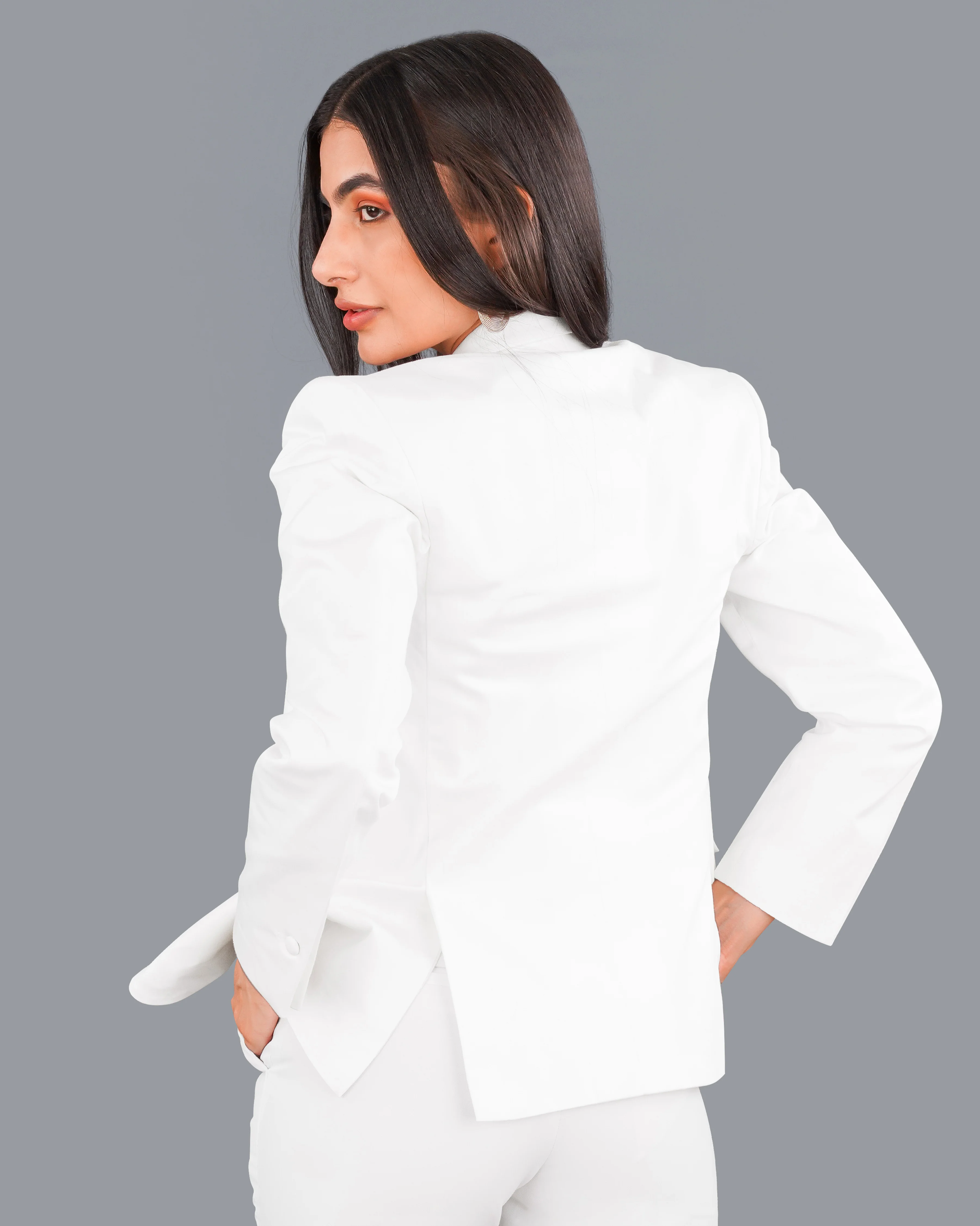 Bright White with Black Patch Collar Premium Cotton Women's Blazer - Image 10