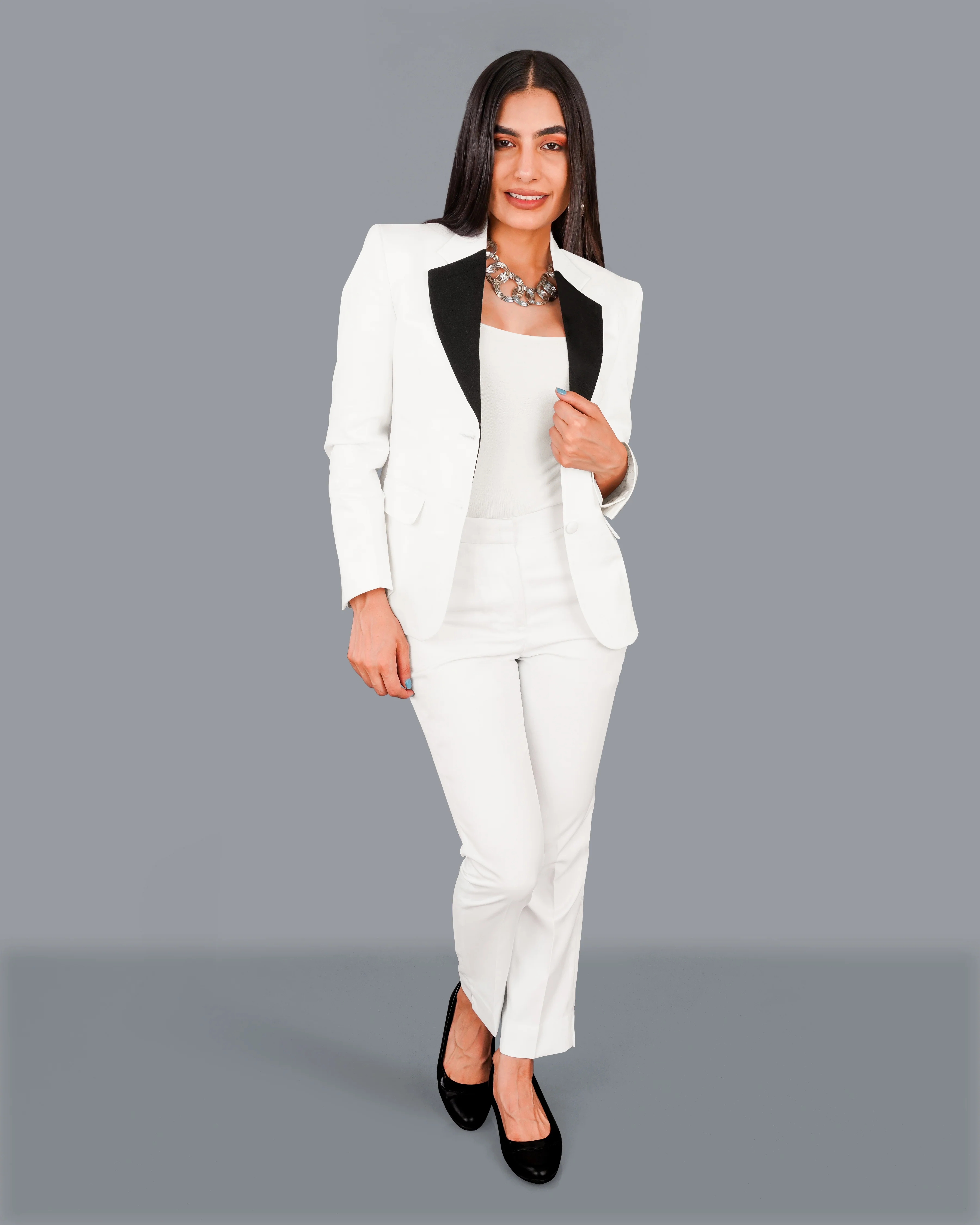 Bright White with Black Patch Collar Premium Cotton Women's Blazer - Image 11