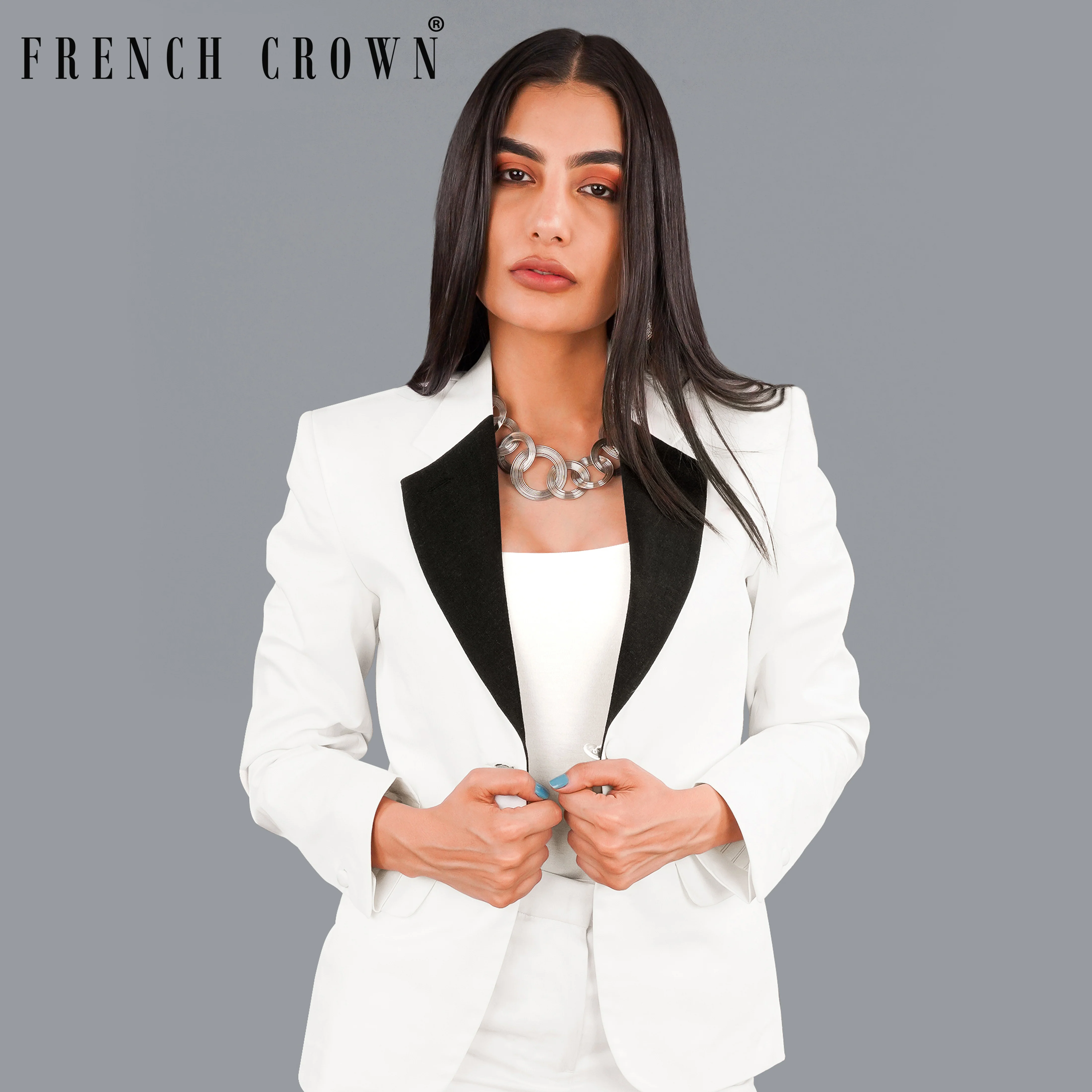 Bright White with Black Patch Collar Premium Cotton Women's Blazer - Image 12