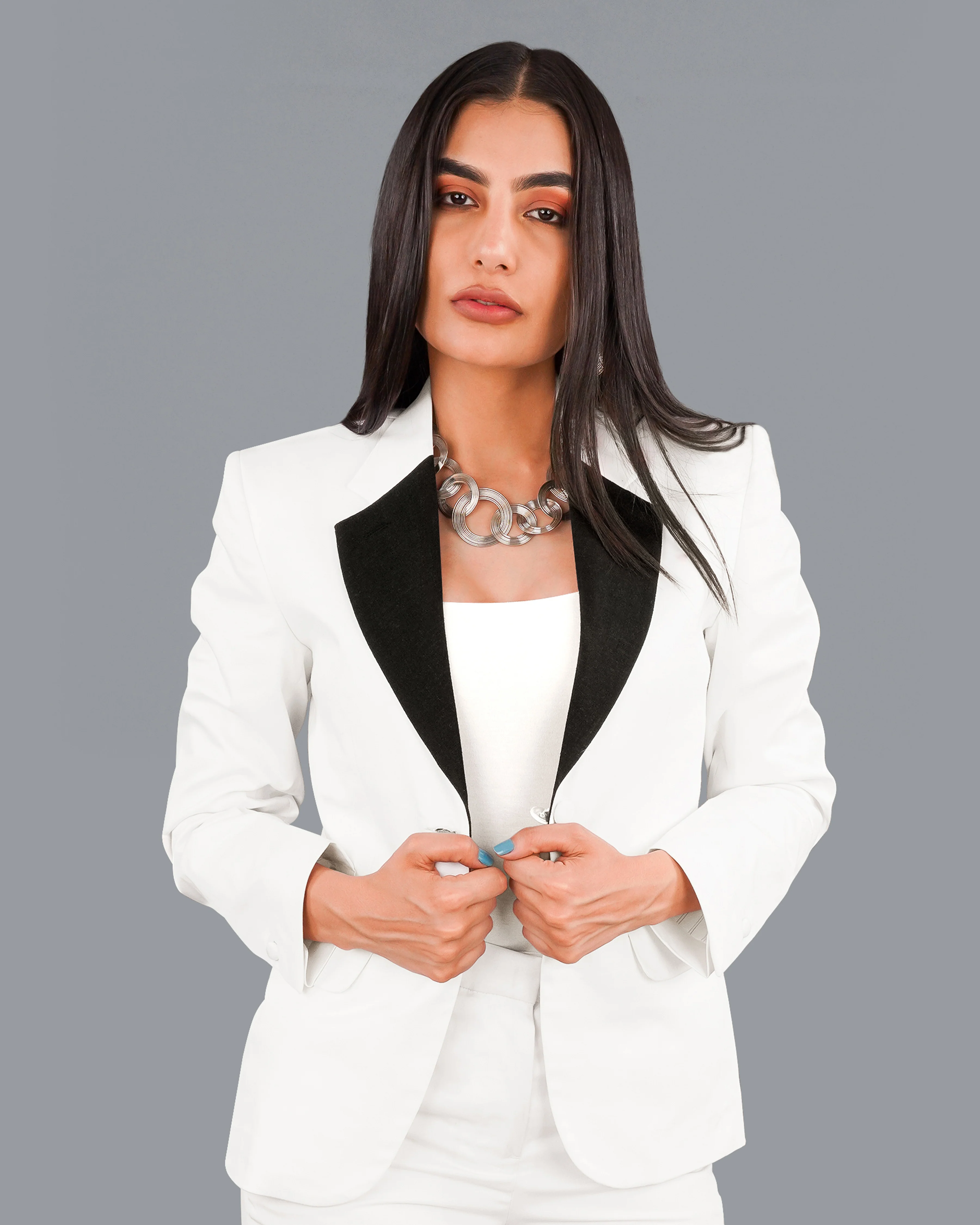 Bright White with Black Patch Collar Premium Cotton Women's Blazer - Image 6