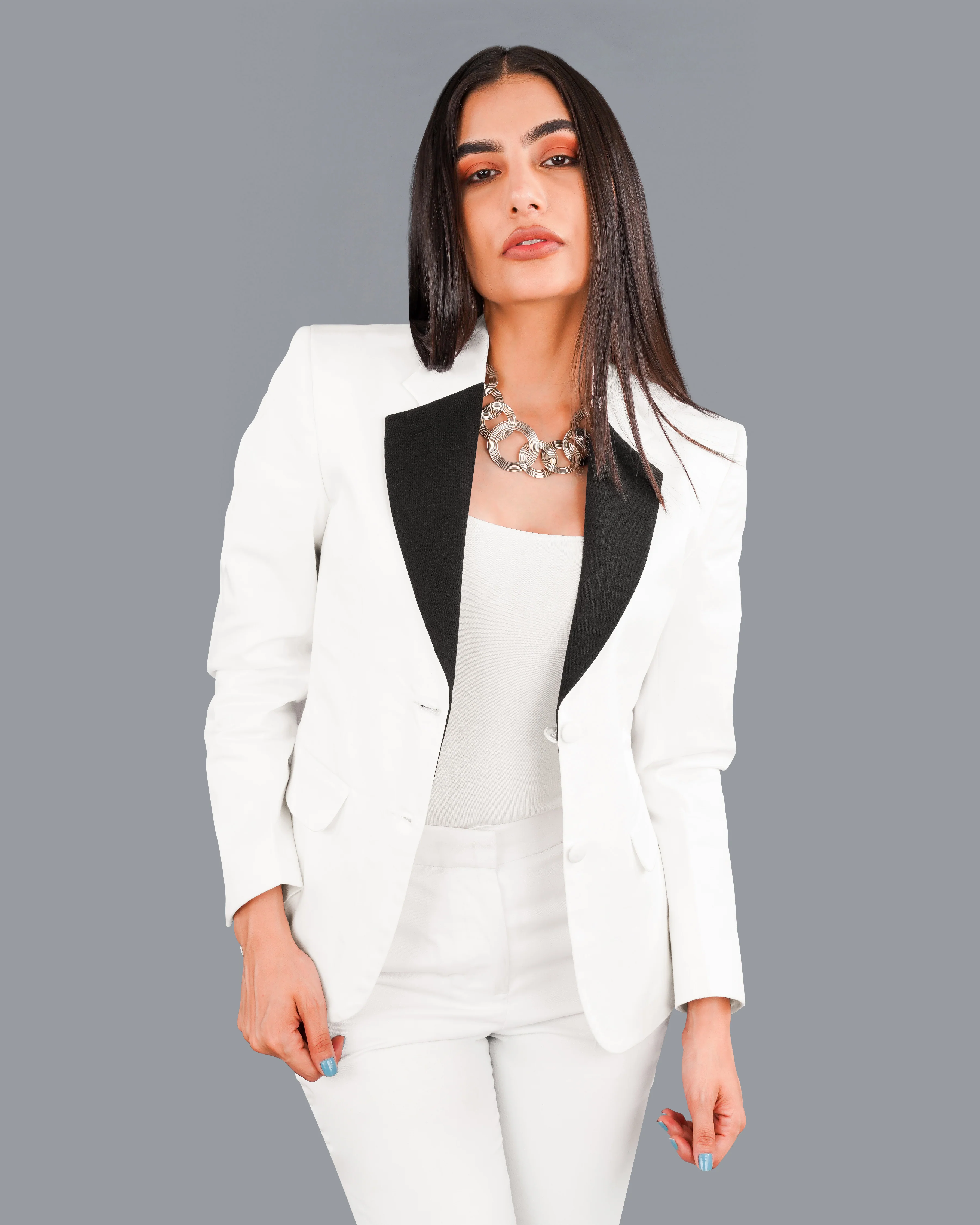 Bright White with Black Patch Collar Premium Cotton Women's Blazer - Image 7