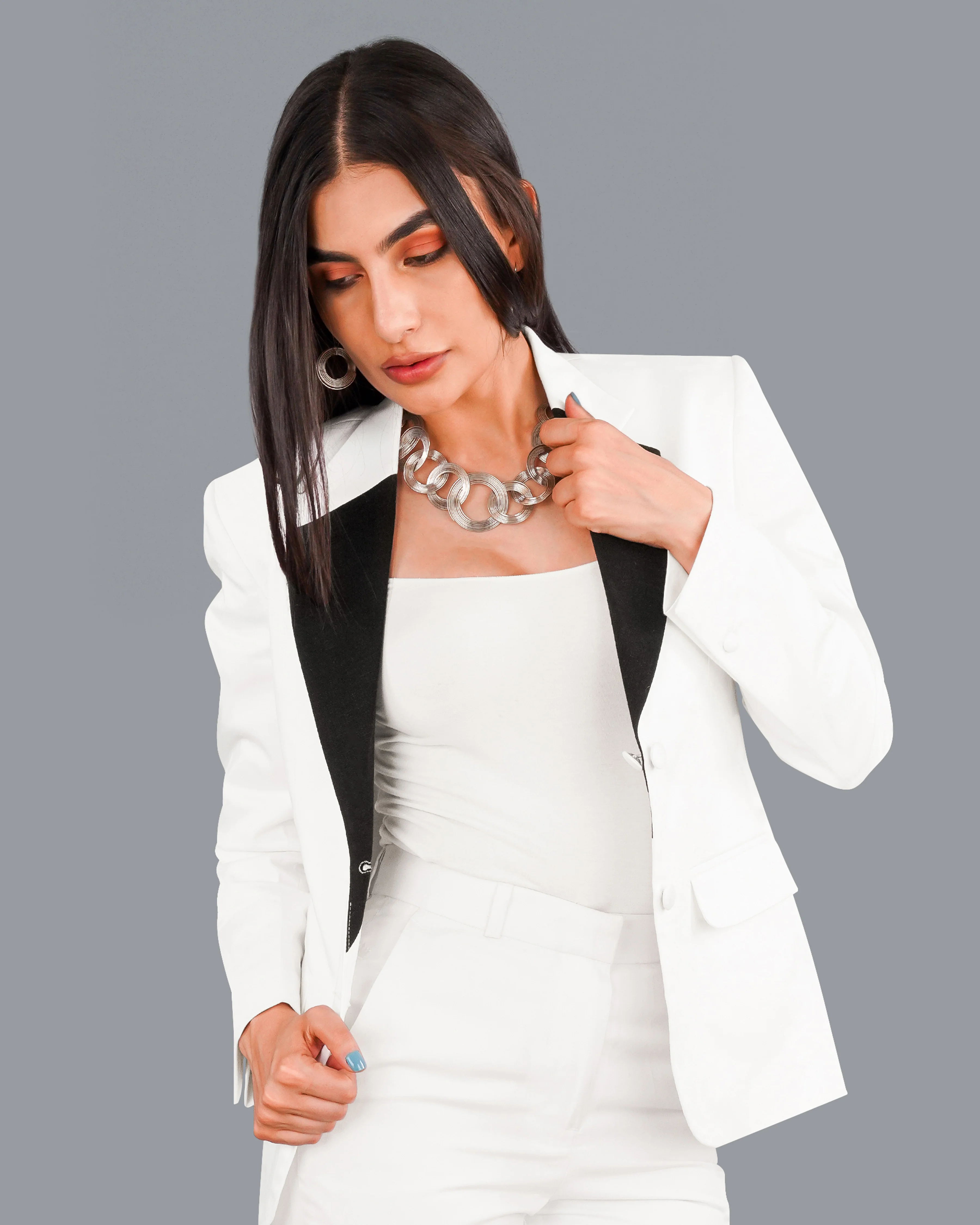 Bright White with Black Patch Collar Premium Cotton Women's Blazer - Image 8