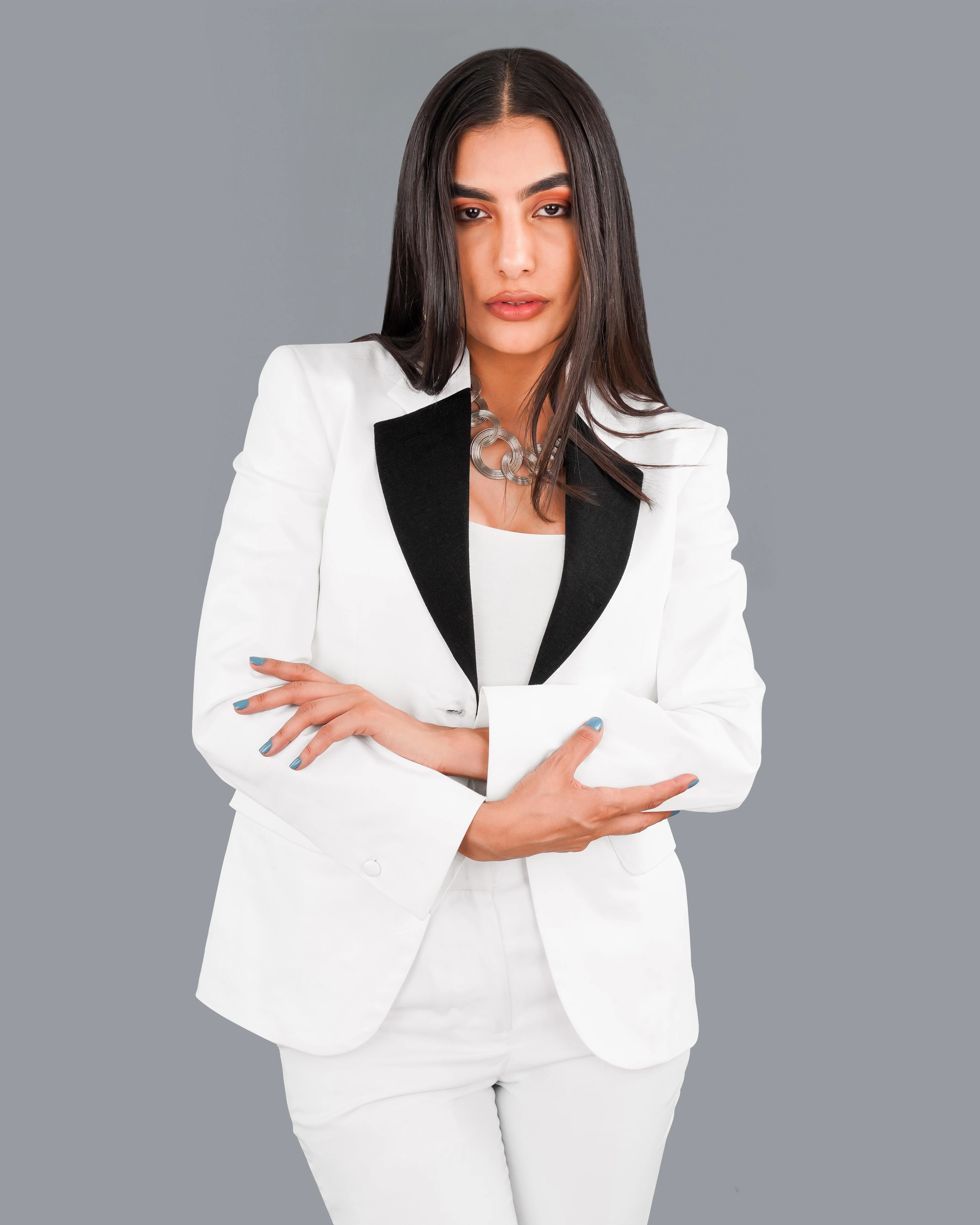Bright White with Black Patch Collar Premium Cotton Women's Blazer - Image 9