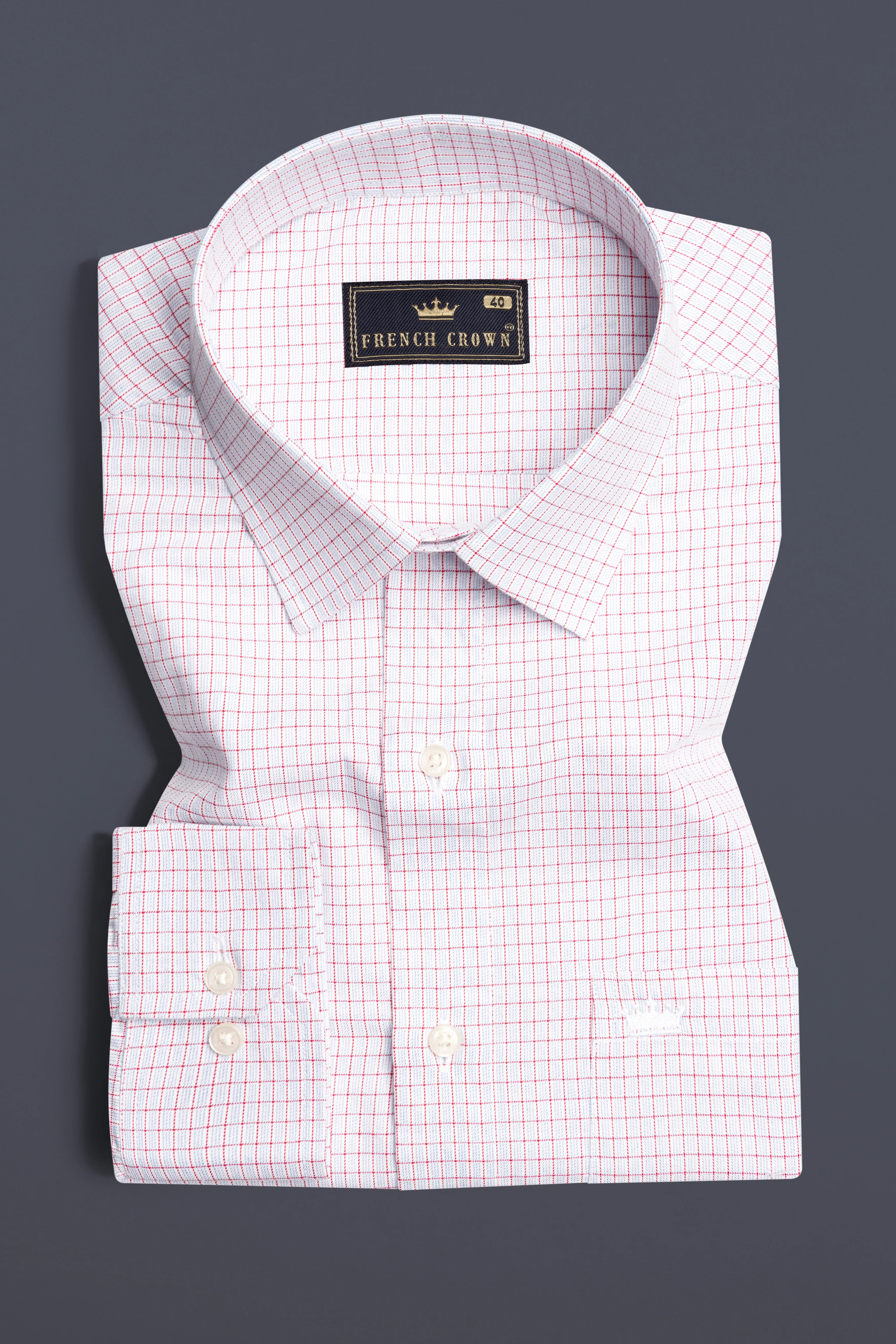 Bright White with Scarlet Red Checkered Dobby Textured Premium Giza Cotton Shirt - Image 3