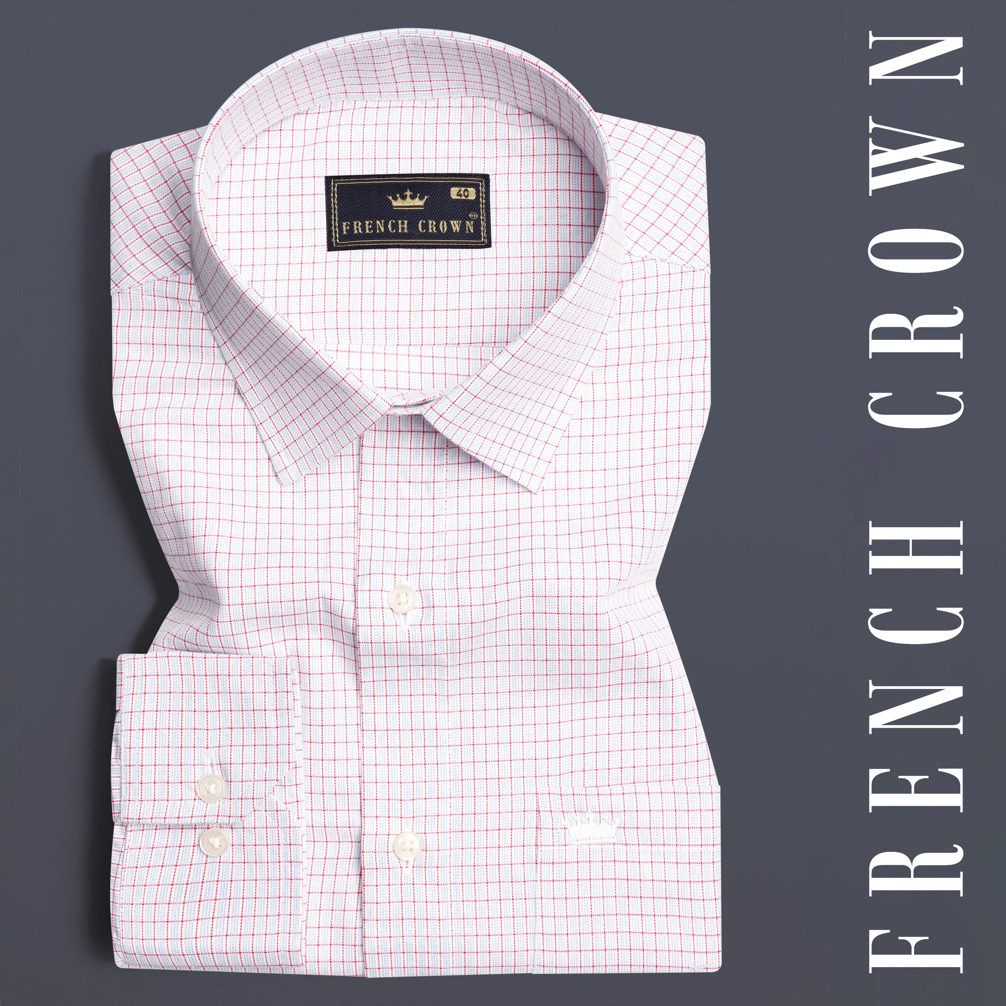 Bright White with Scarlet Red Checkered Dobby Textured Premium Giza Cotton Shirt - Image 6