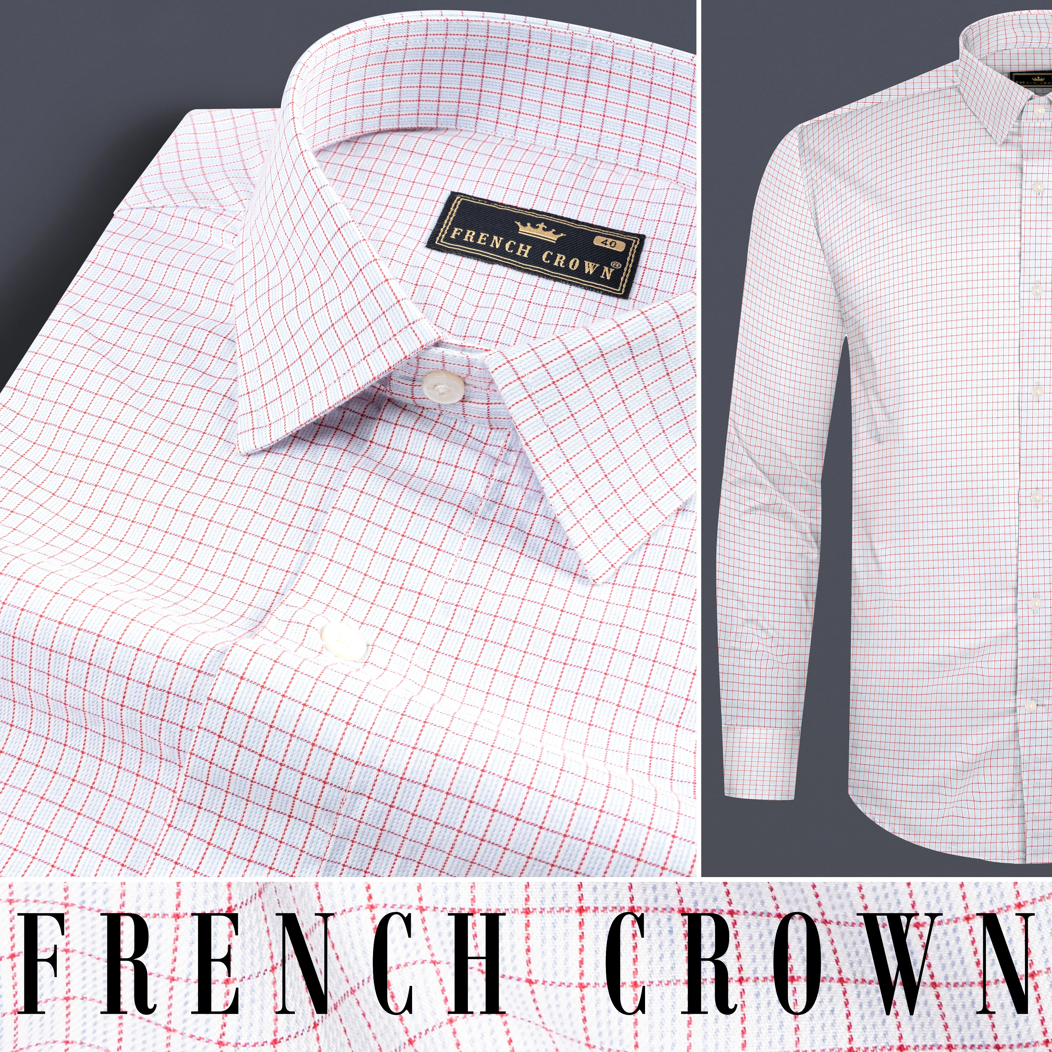 Bright White with Scarlet Red Checkered Dobby Textured Premium Giza Cotton Shirt - Image 9