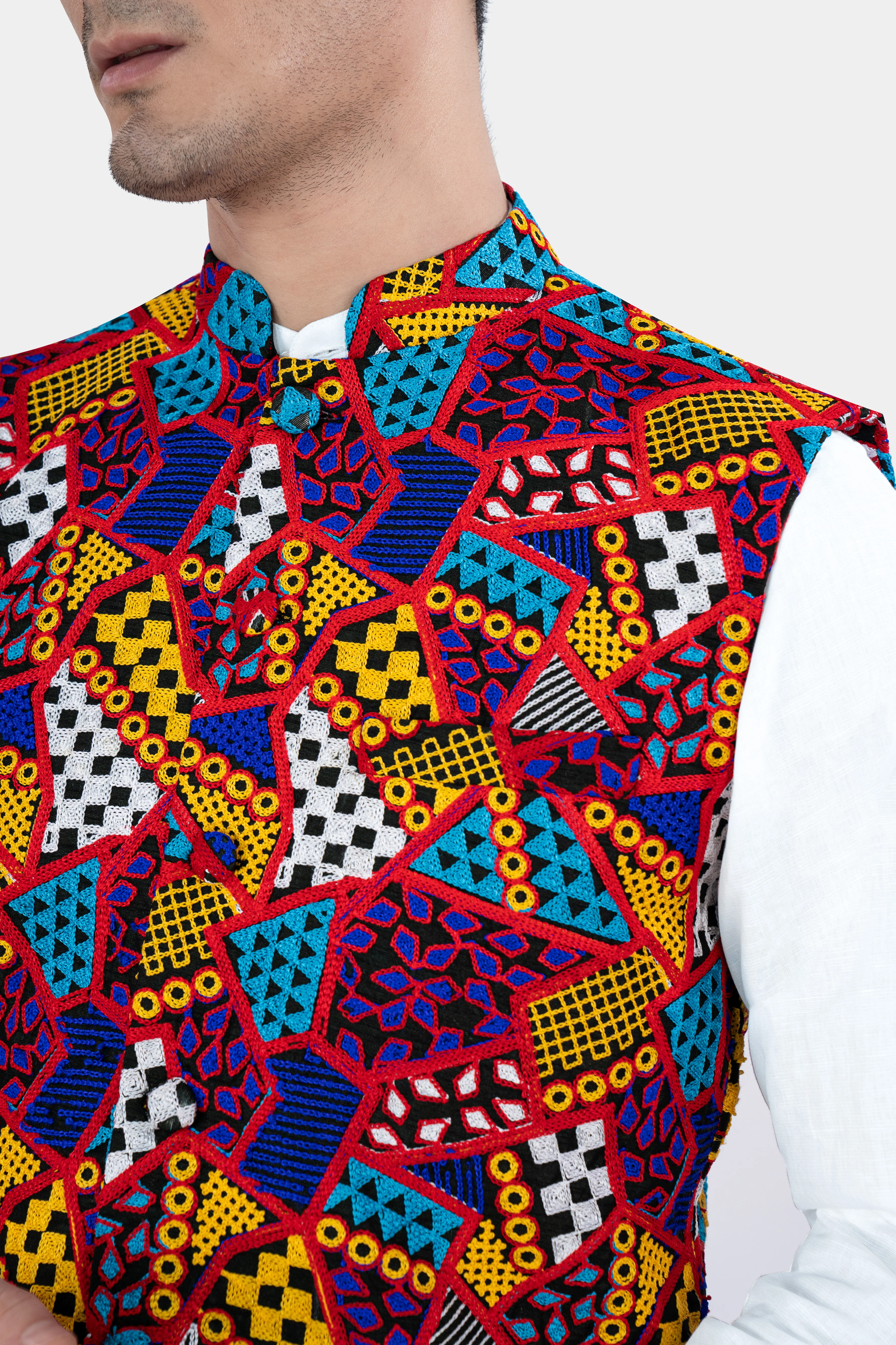 Canray Orange and Catalina Blue Multicolour Cotton Thread Embroidered Nehru Jacket - Image 4