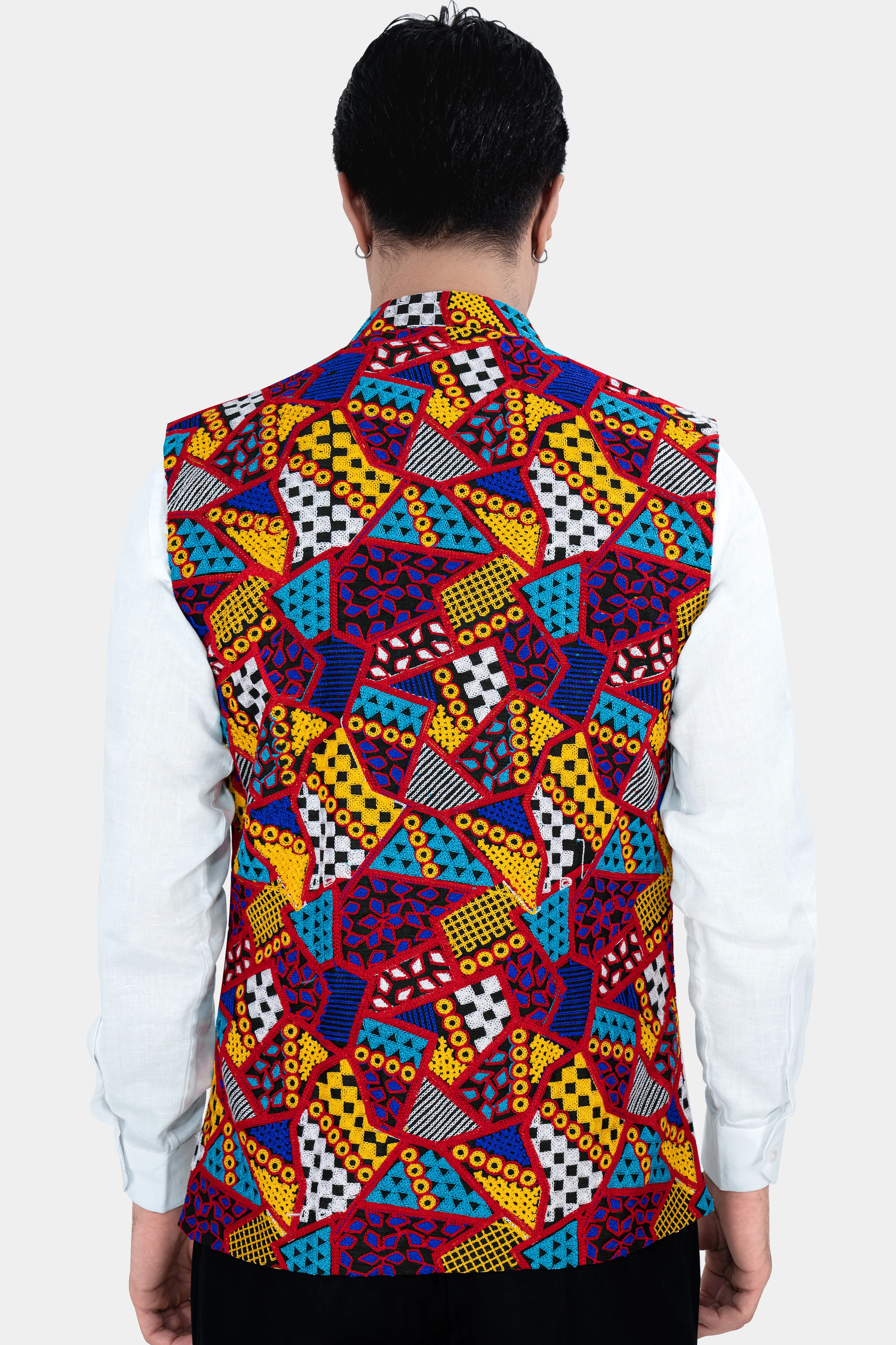 Canray Orange and Catalina Blue Multicolour Cotton Thread Embroidered Nehru Jacket - Image 5