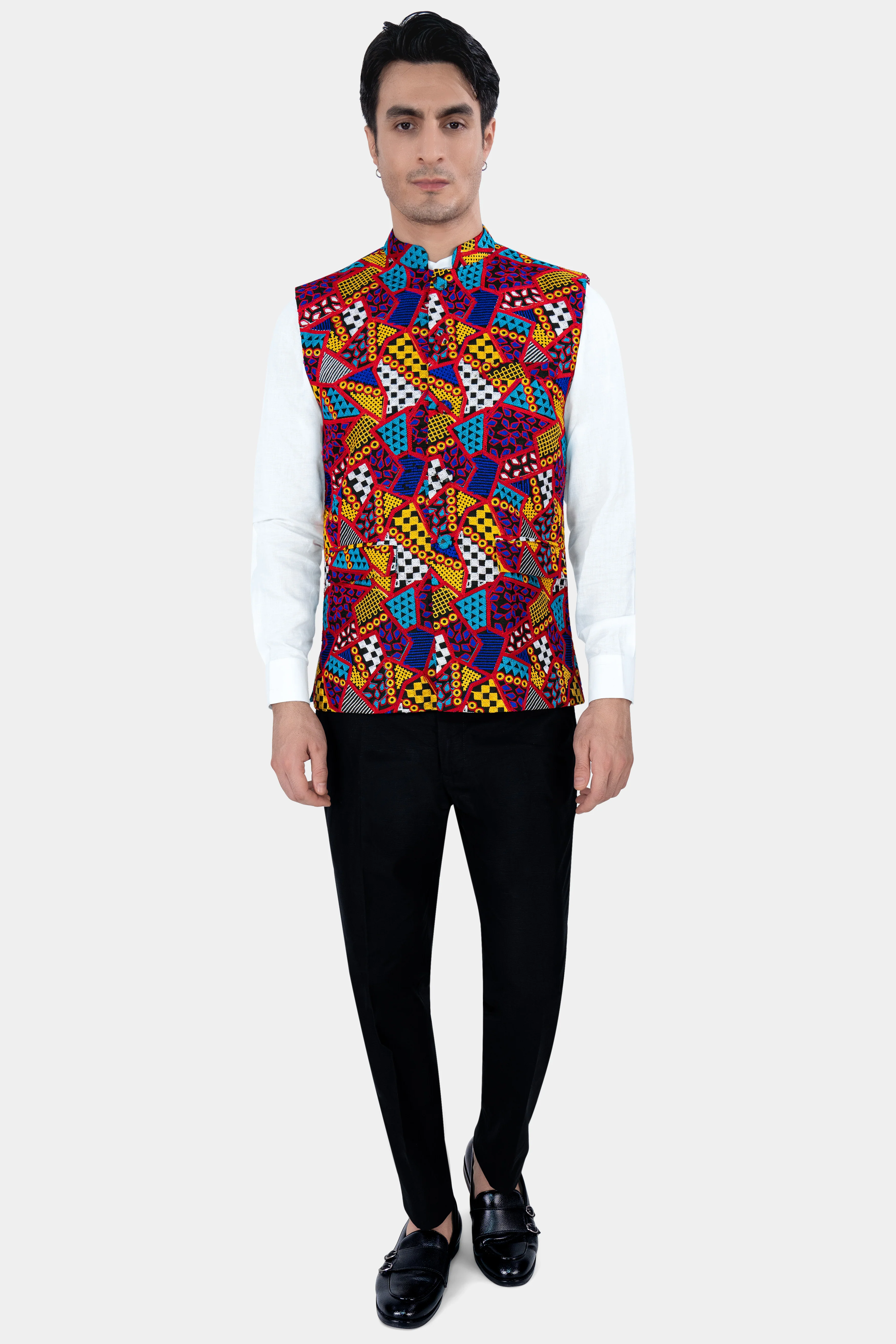 Canray Orange and Catalina Blue Multicolour Cotton Thread Embroidered Nehru Jacket - Image 6