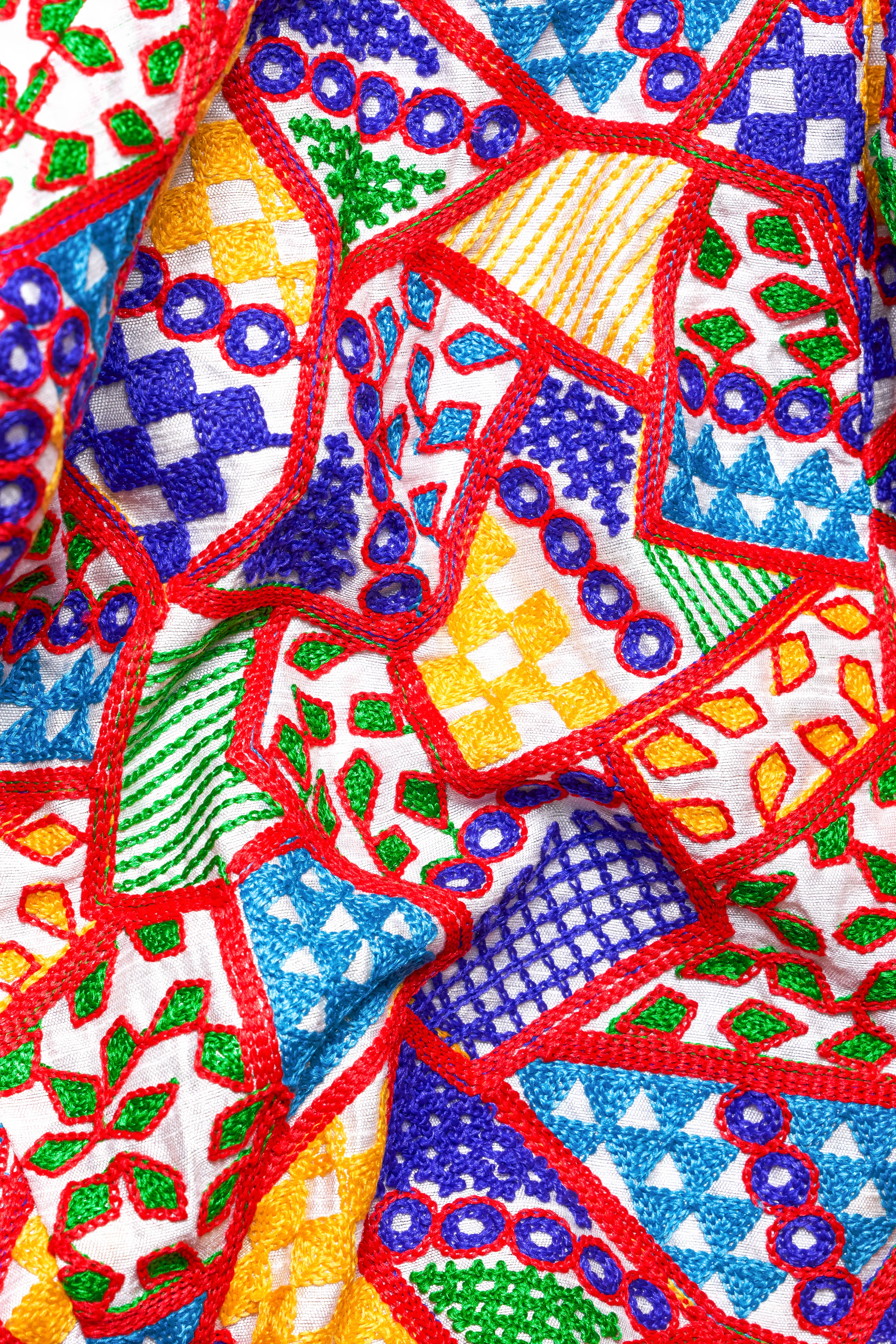 Carmine Red with Cobalt Blue and Amber Yellow Multicolour Cotton Thread Embroidered Nehru Jacket - Image 3