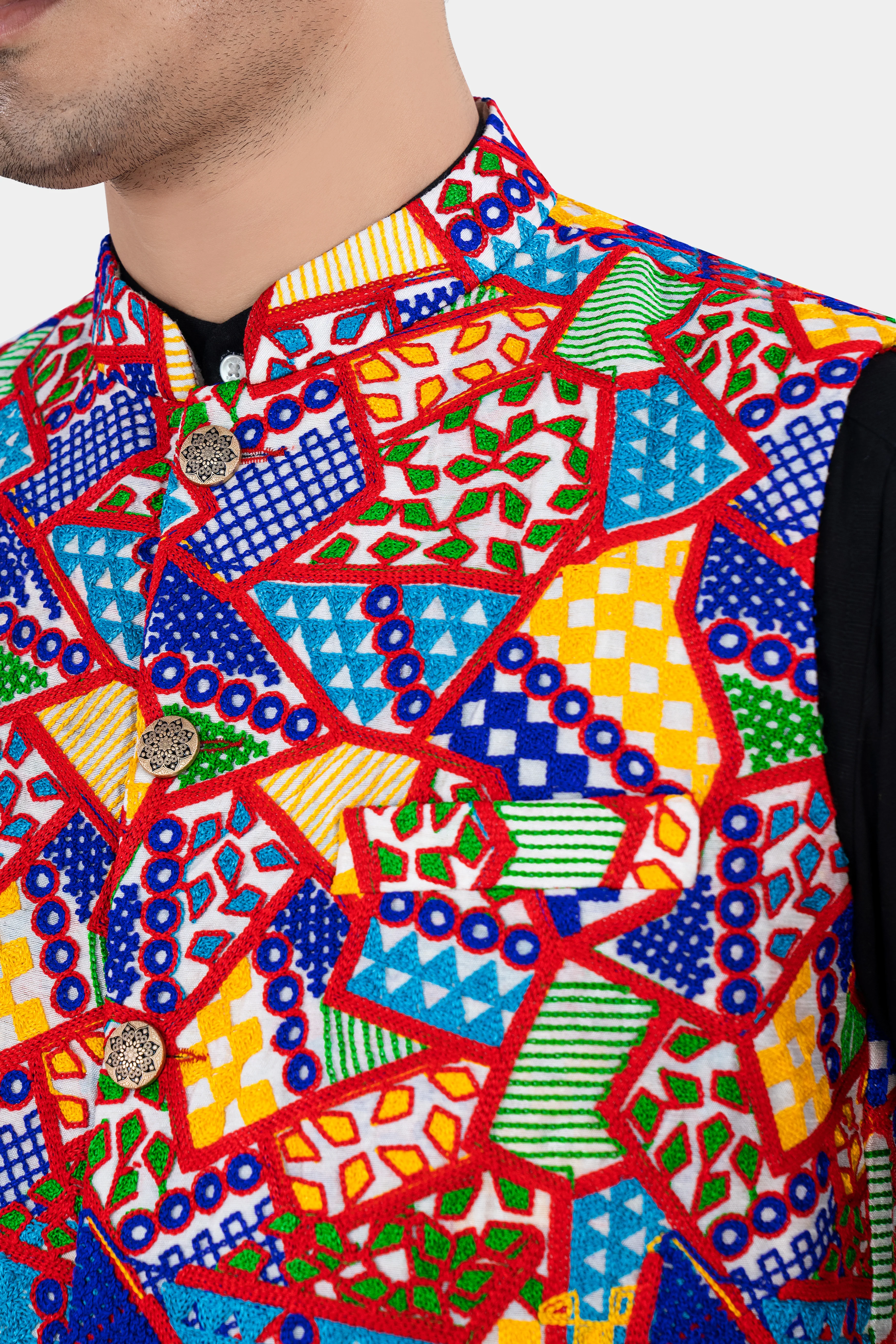 Carmine Red with Cobalt Blue and Amber Yellow Multicolour Cotton Thread Embroidered Nehru Jacket - Image 4