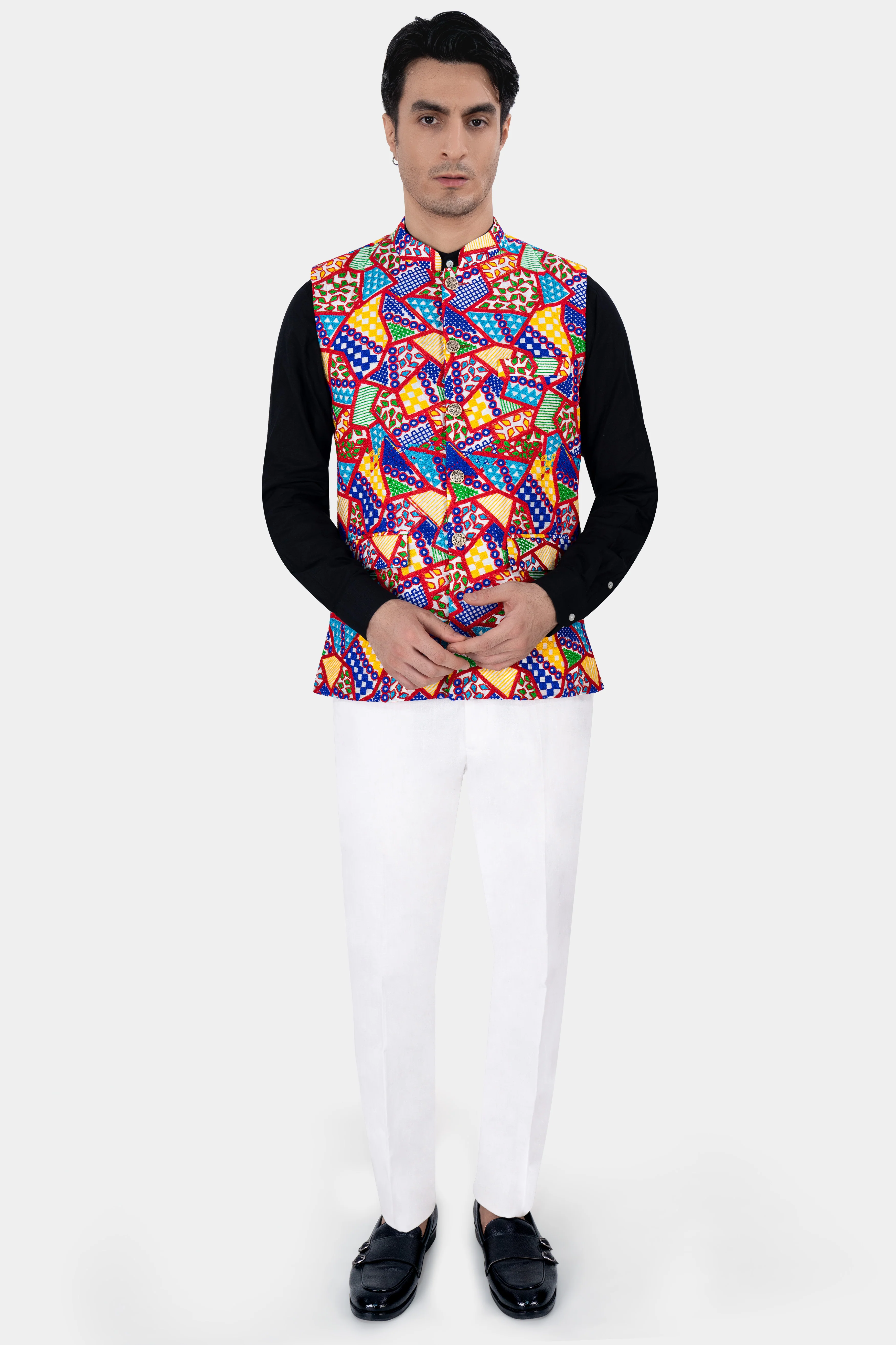Carmine Red with Cobalt Blue and Amber Yellow Multicolour Cotton Thread Embroidered Nehru Jacket - Image 6