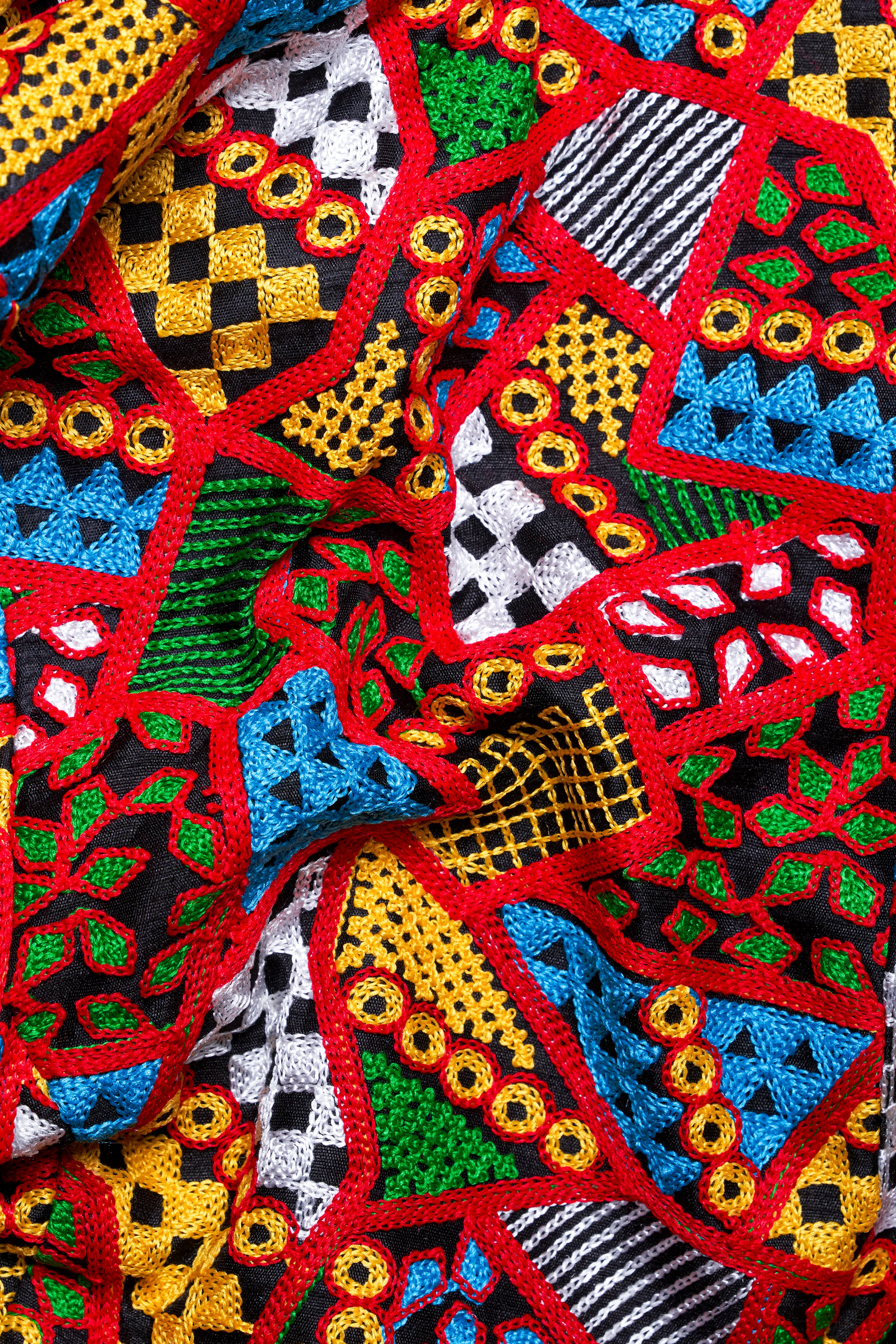 Carnelian Red and Kelly Green Multicolour Cotton Thread Embroidered Nehru Jacket - Image 3