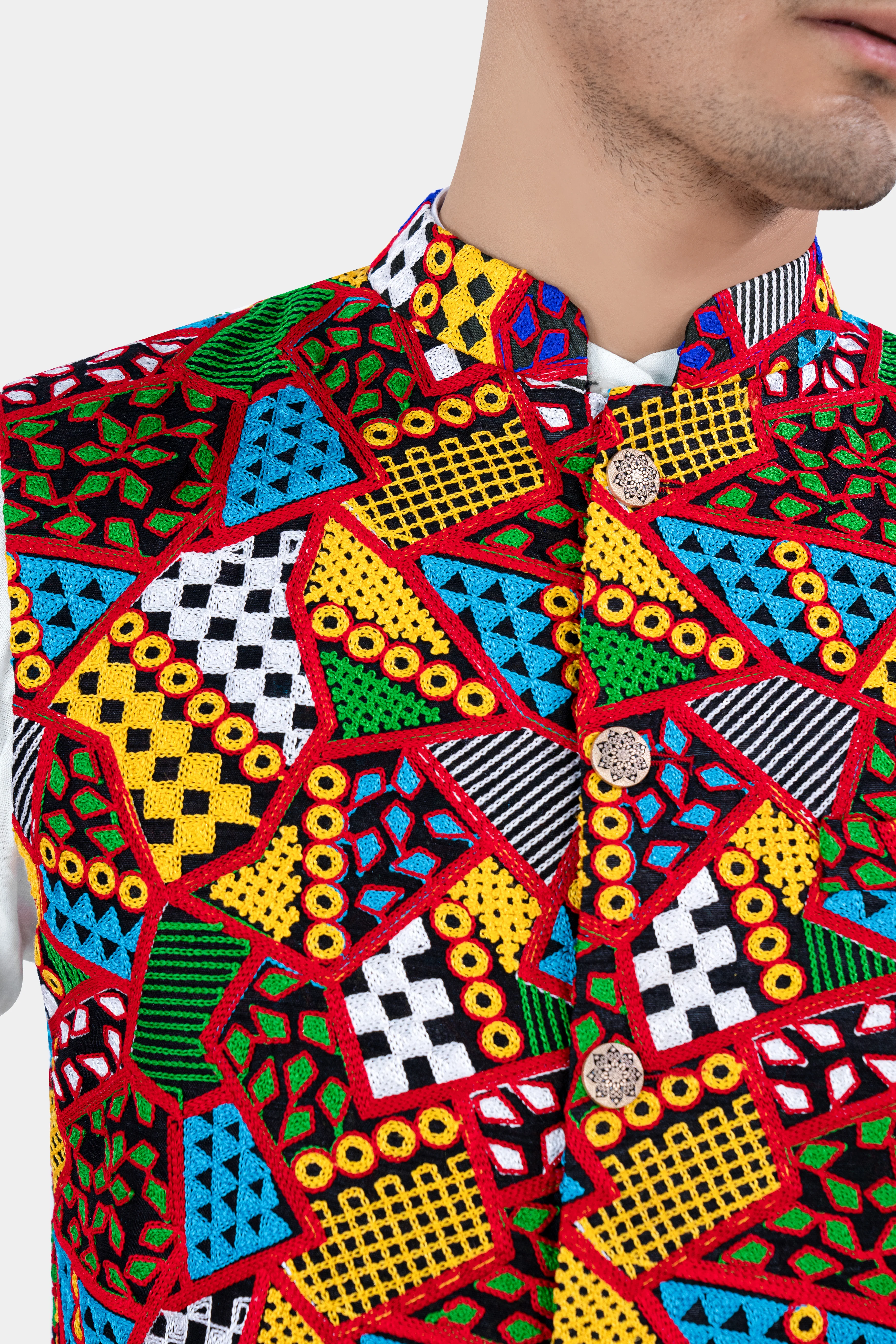 Carnelian Red and Kelly Green Multicolour Cotton Thread Embroidered Nehru Jacket - Image 4