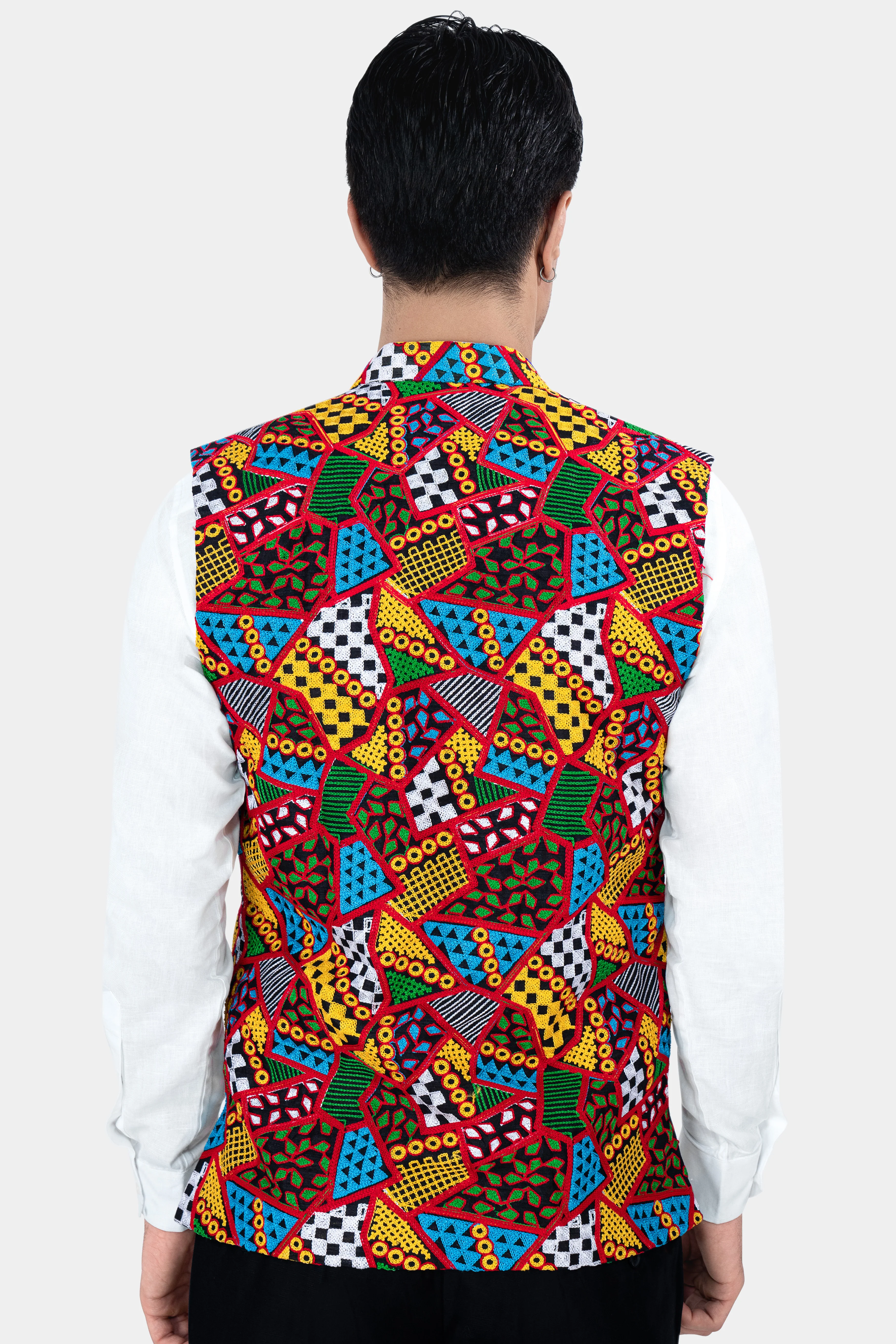 Carnelian Red and Kelly Green Multicolour Cotton Thread Embroidered Nehru Jacket - Image 5