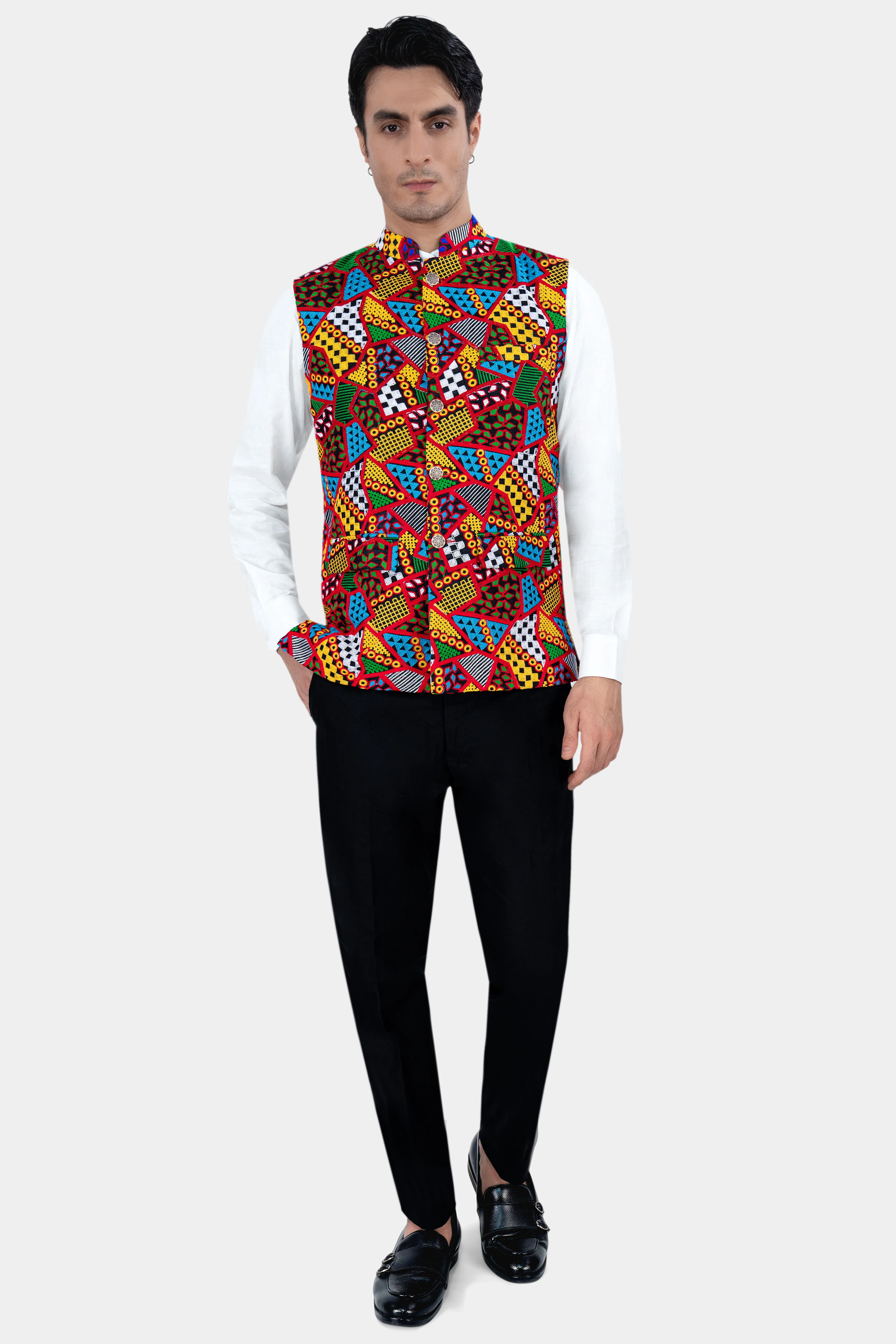 Carnelian Red and Kelly Green Multicolour Cotton Thread Embroidered Nehru Jacket - Image 6