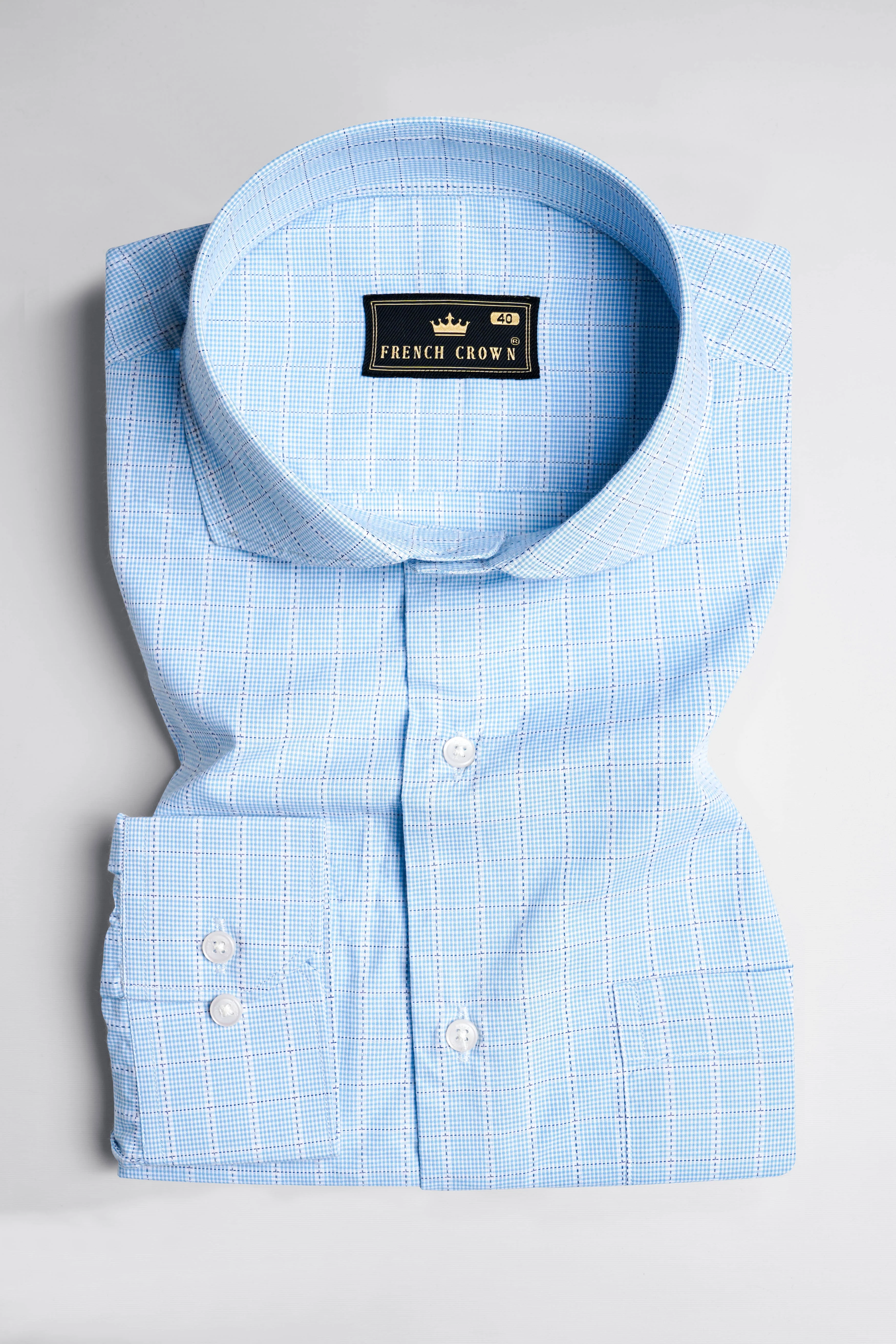 Carolina Blue with White Checkered Dobby Textured Premium Giza Cotton Shirt - Image 4