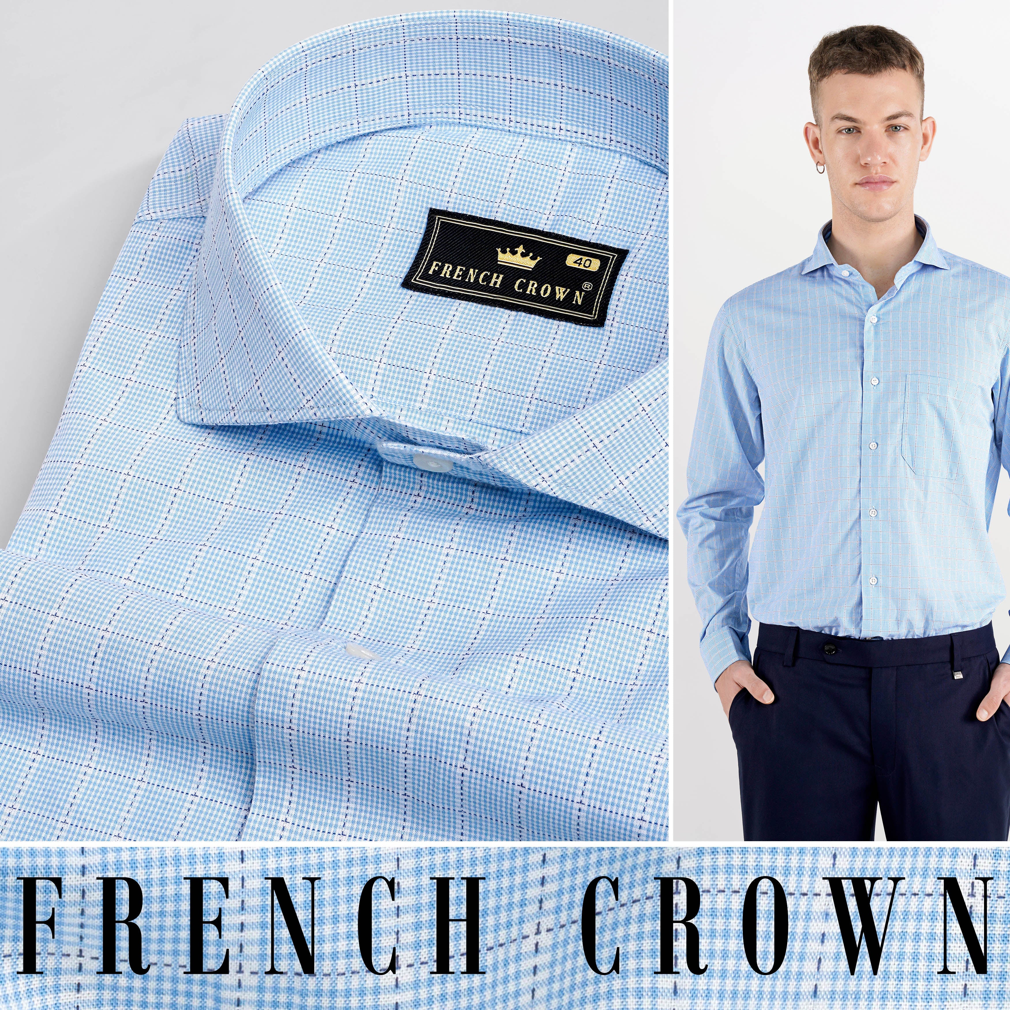 Carolina Blue with White Checkered Dobby Textured Premium Giza Cotton Shirt - Image 5