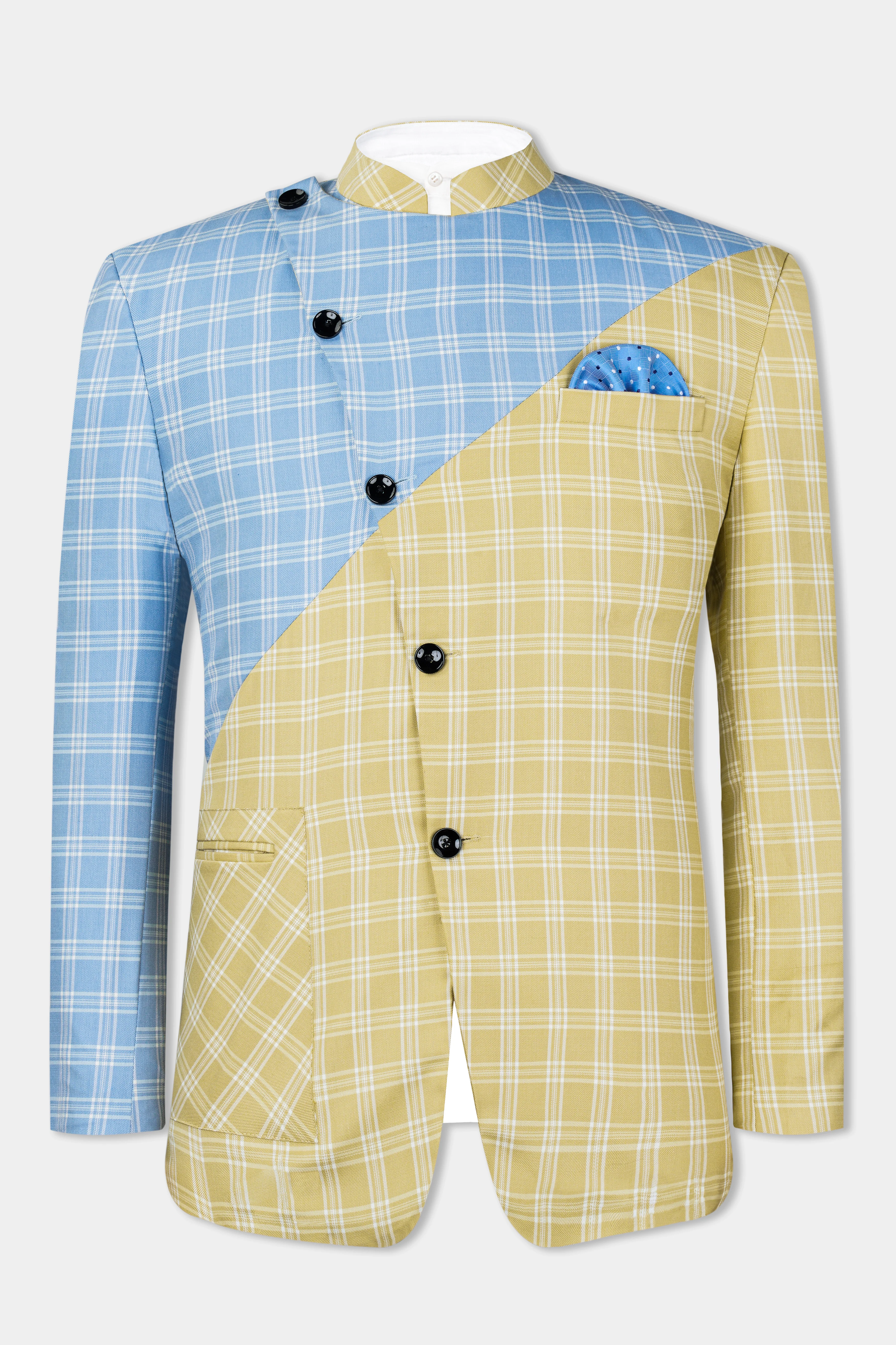 Casper Blue and Brandy Brown Plaid Wool Rich Cross Placket Bandhgala Designer Suit - Image 12