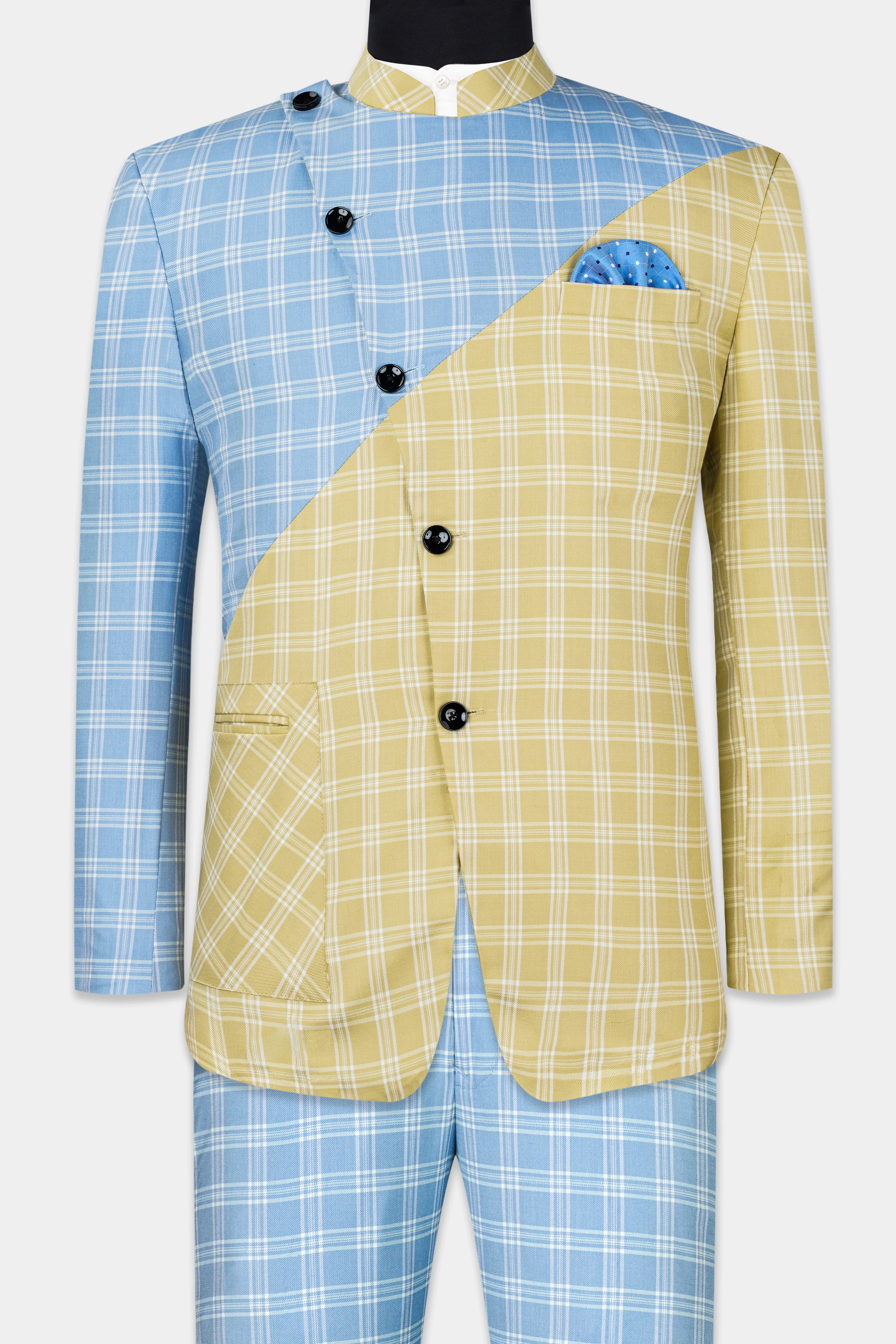 Casper Blue and Brandy Brown Plaid Wool Rich Cross Placket Bandhgala Designer Suit - Image 4