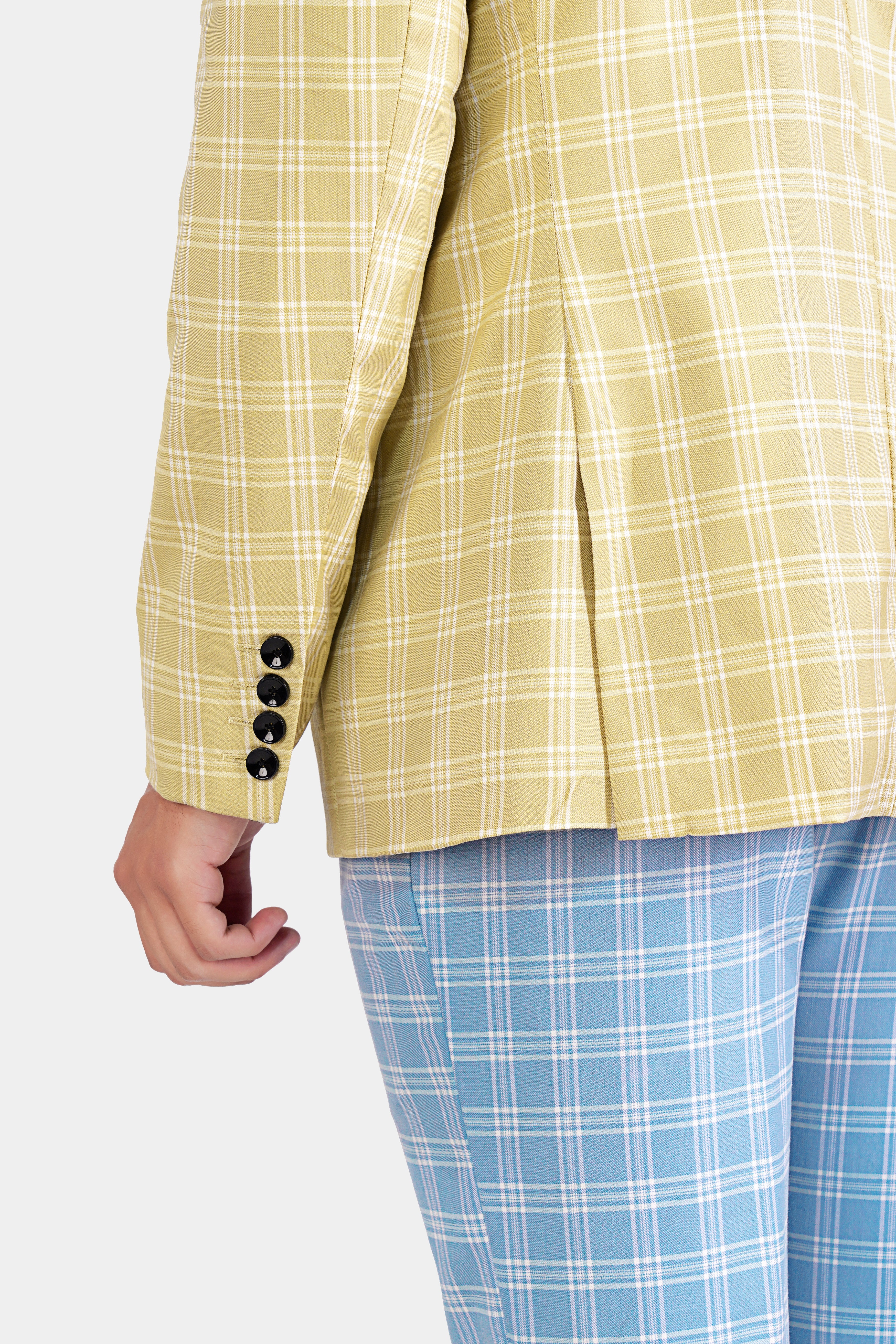 Casper Blue and Brandy Brown Plaid Wool Rich Cross Placket Bandhgala Designer Suit - Image 5