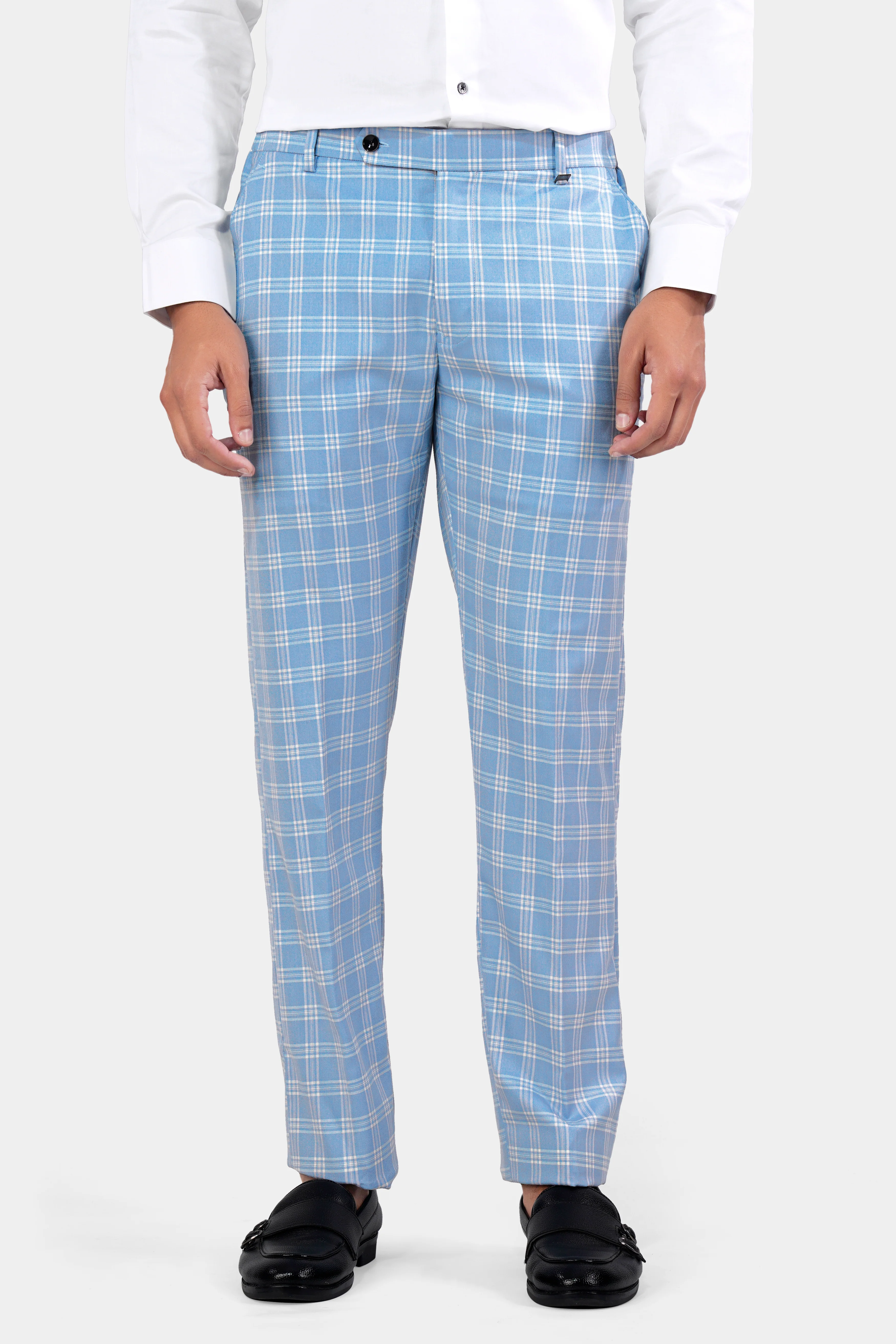 Casper Blue and Brandy Brown Plaid Wool Rich Cross Placket Bandhgala Designer Suit - Image 6