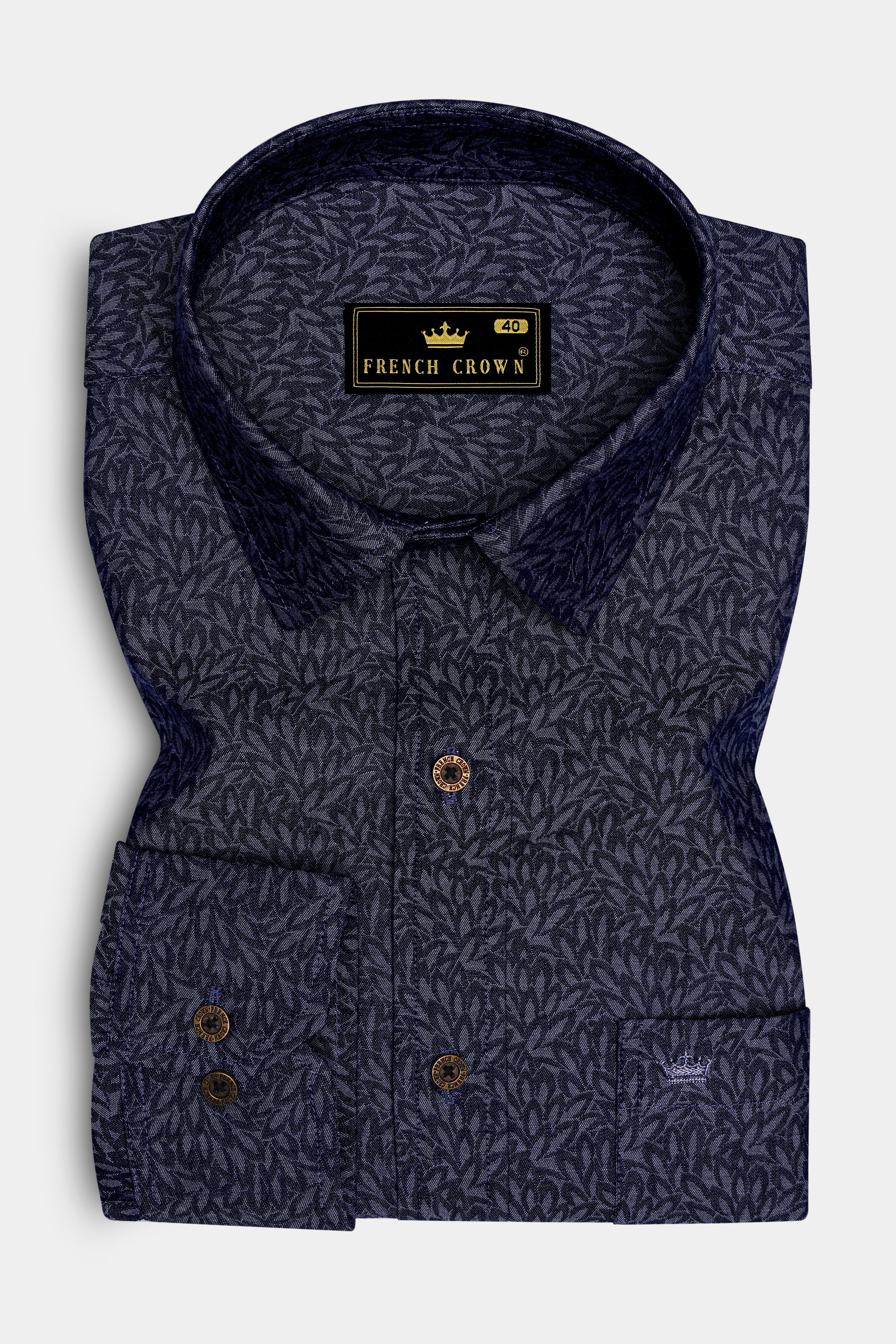 Cedivell-Bleached Cedar Denim Blue Leaf Print Super Soft Premium Cotton Casual Shirt - Image 4