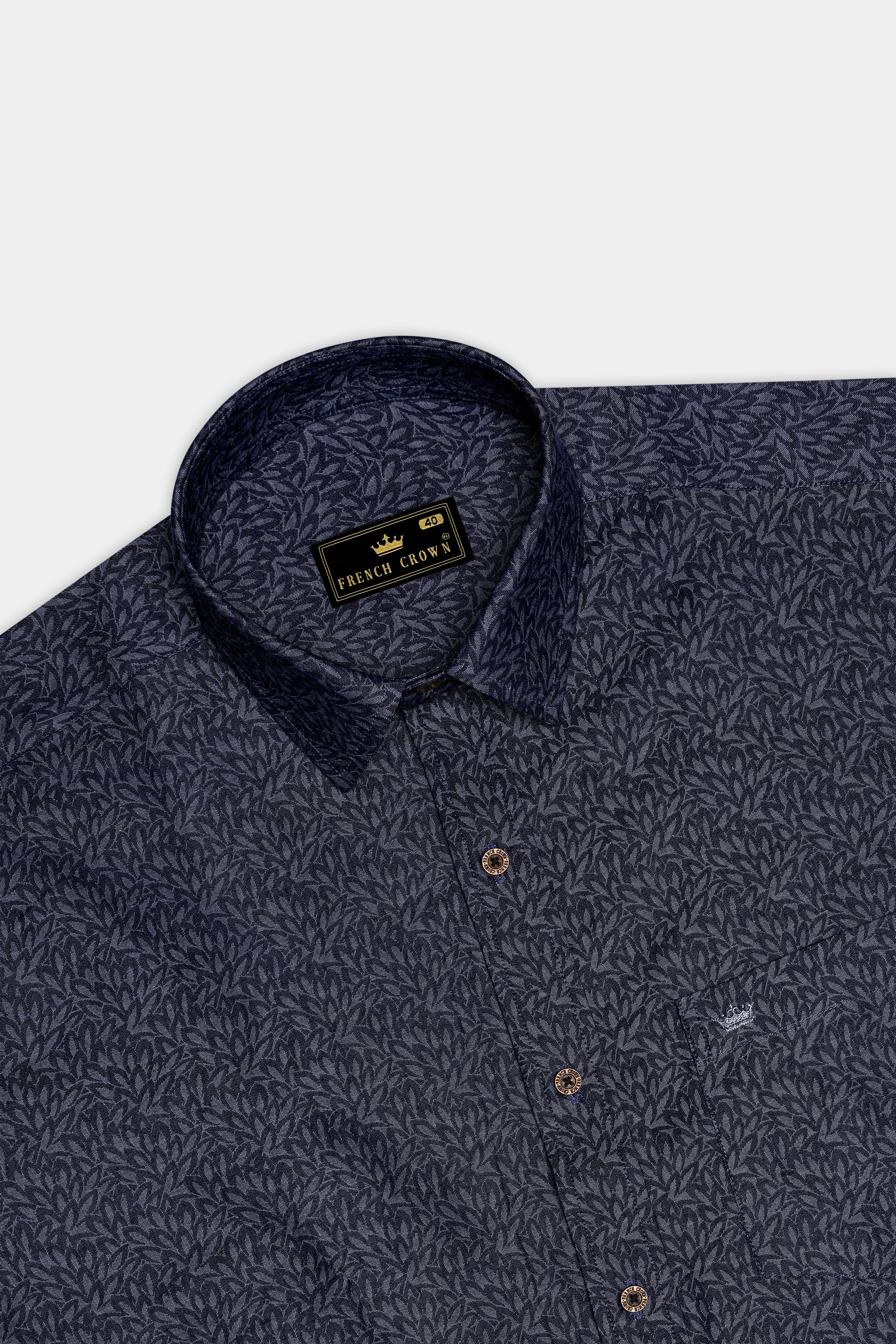 Cedivell-Bleached Cedar Denim Blue Leaf Print Super Soft Premium Cotton Casual Shirt - Image 5