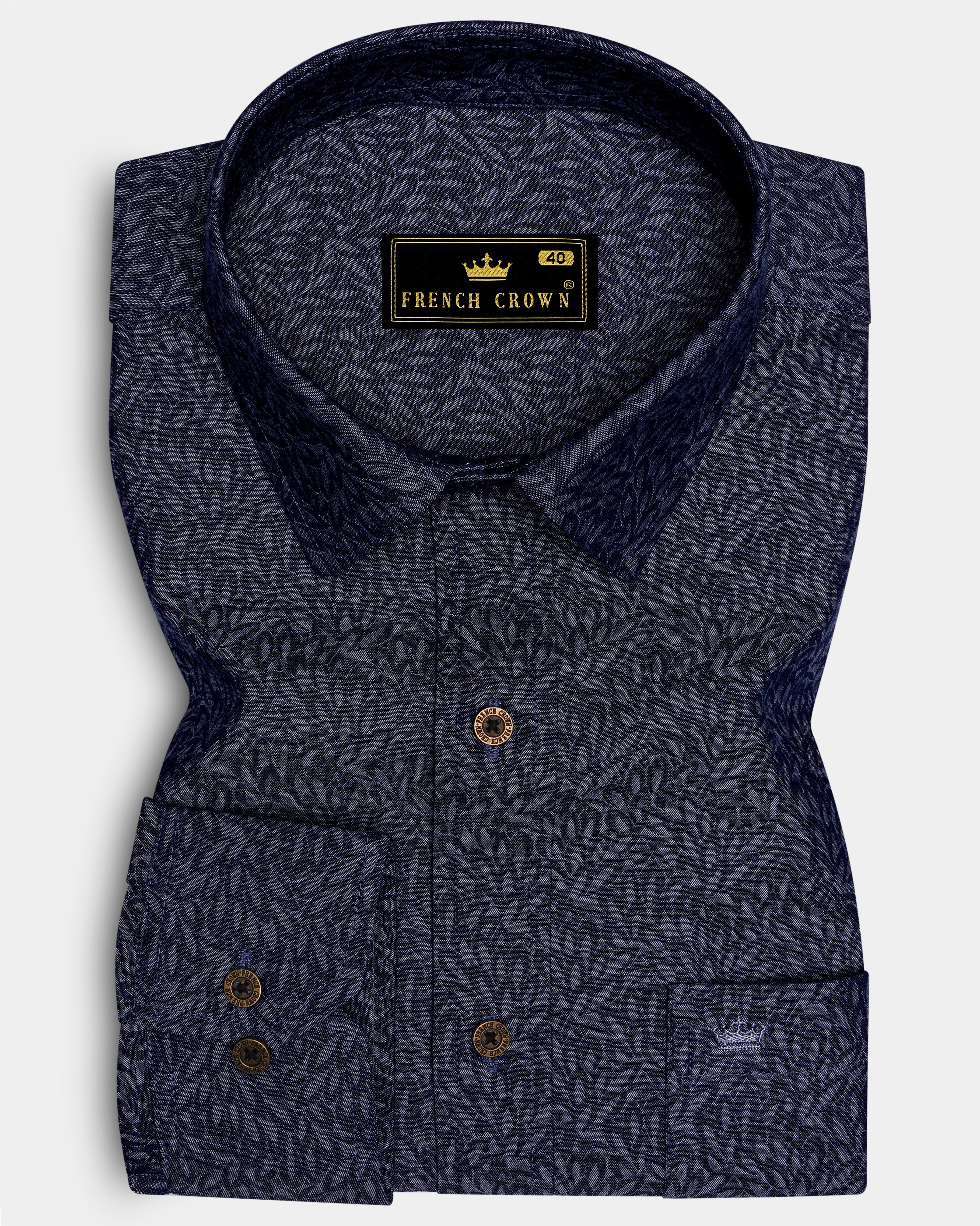 Cedivell-Bleached Cedar Denim Blue Leaf Print Super Soft Premium Cotton Casual Shirt - Image 6