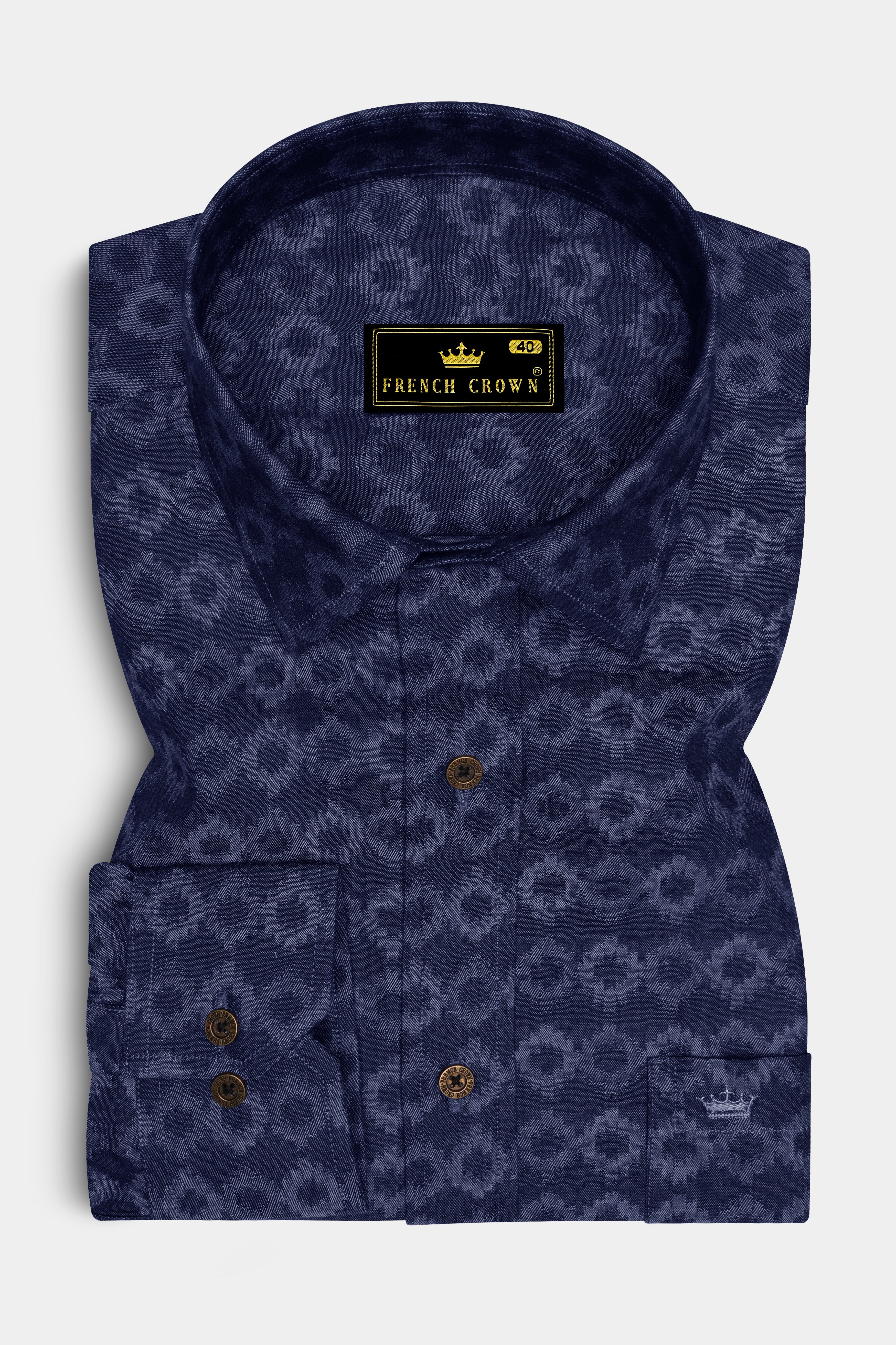 Cirnova-Vintage Denim Blue Circular Ikat Textured Super Soft Premium Cotton Casual Shirt - Image 4