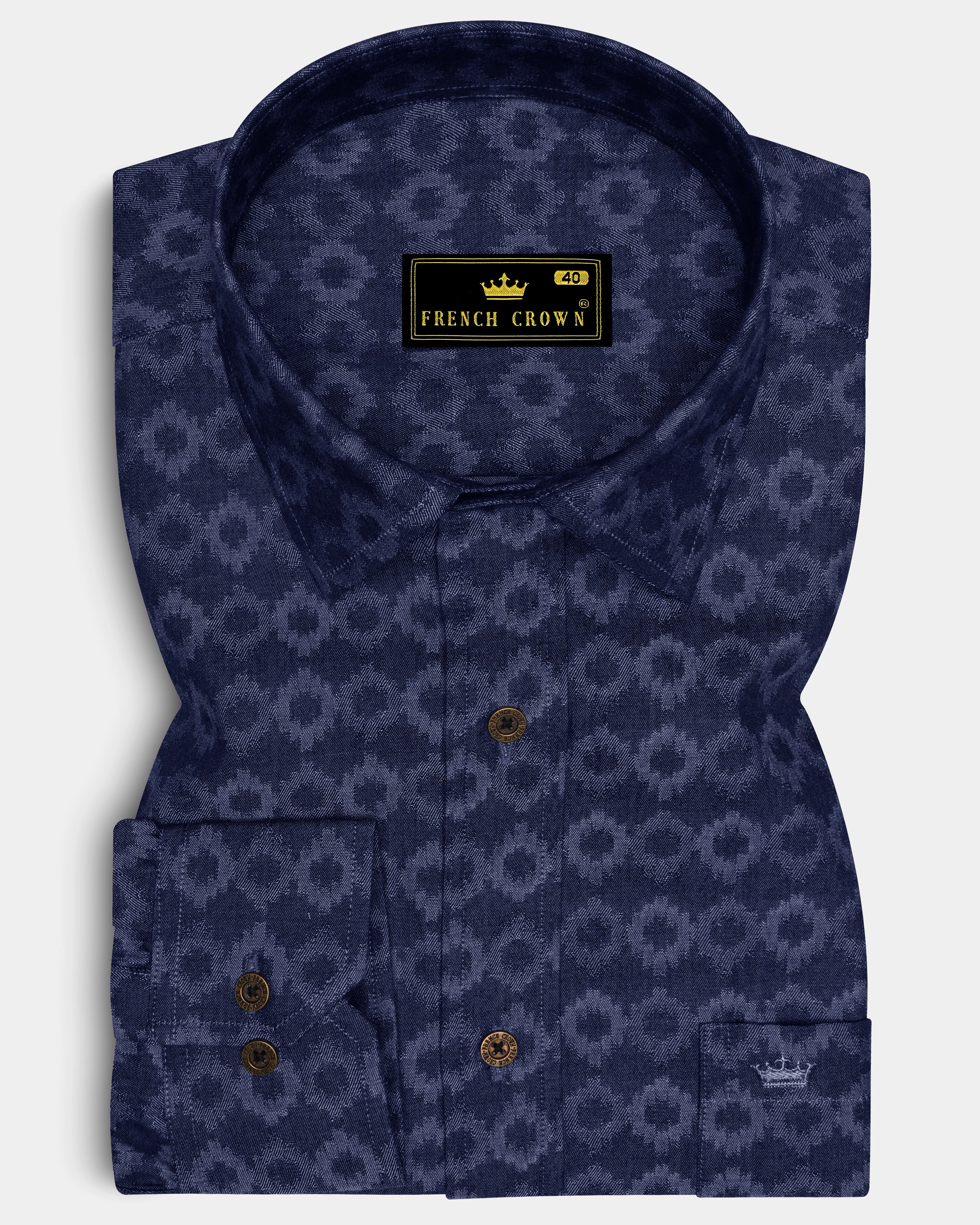 Cirnova-Vintage Denim Blue Circular Ikat Textured Super Soft Premium Cotton Casual Shirt - Image 6